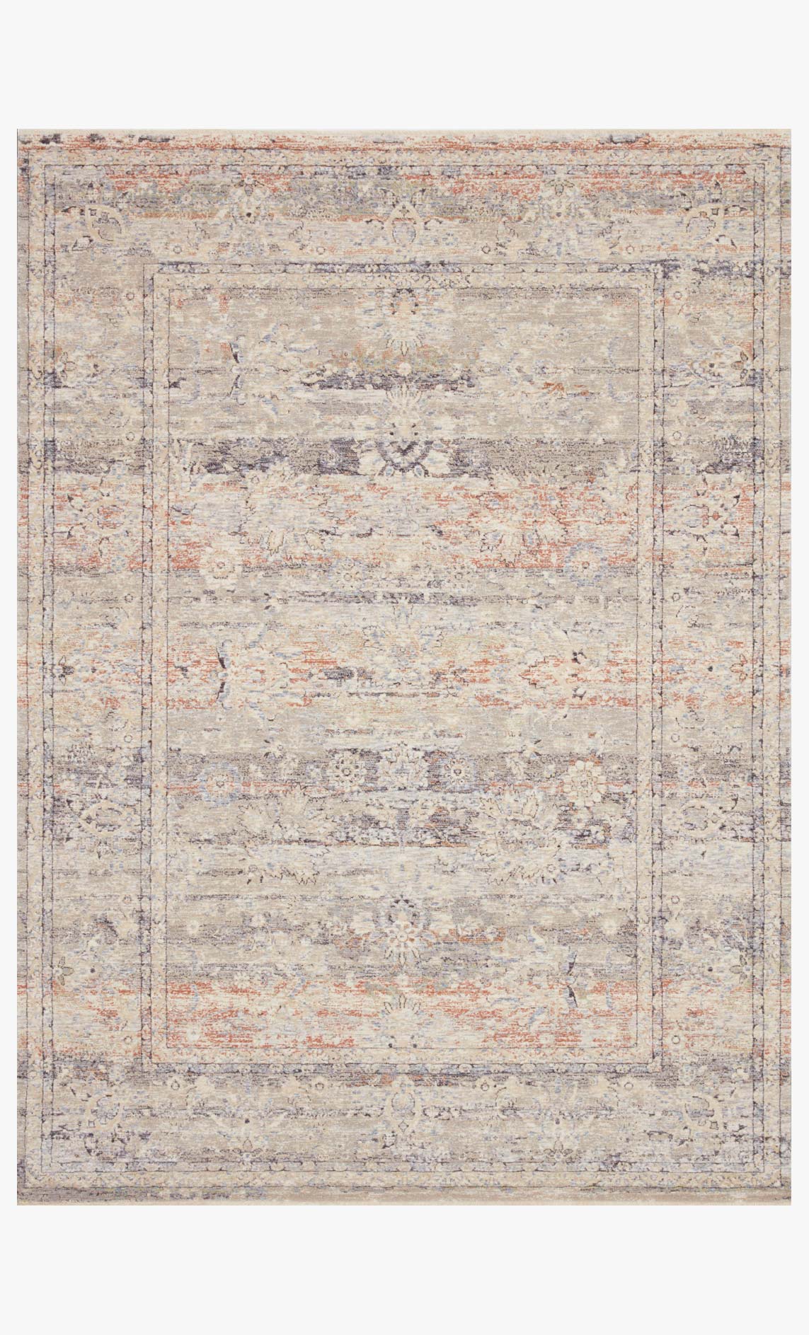 Transitional power-loomed rug flat view; cream field with blue-gray lines and rust specks