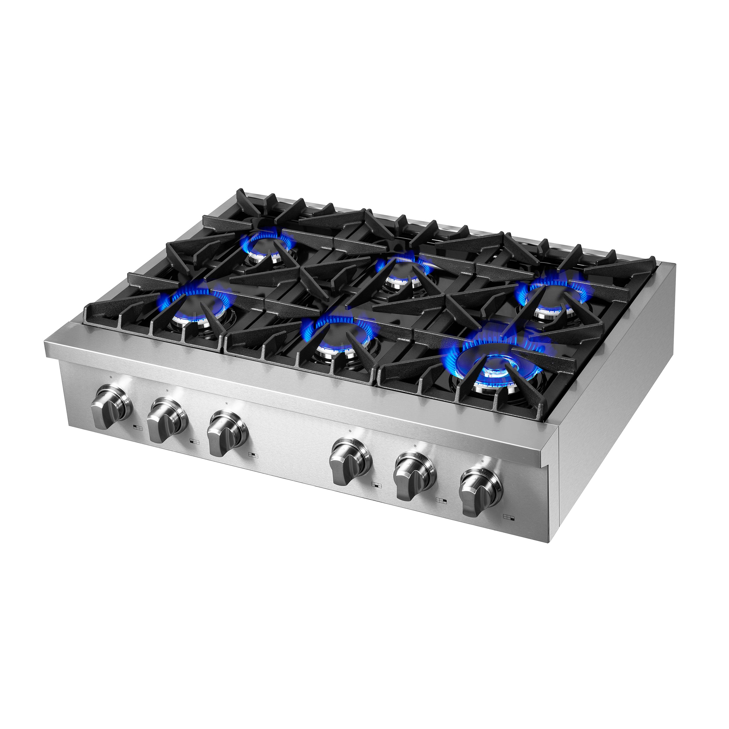 Stainless steel gas rangetop with eight? (6 shown) blue-lit burners and black grates