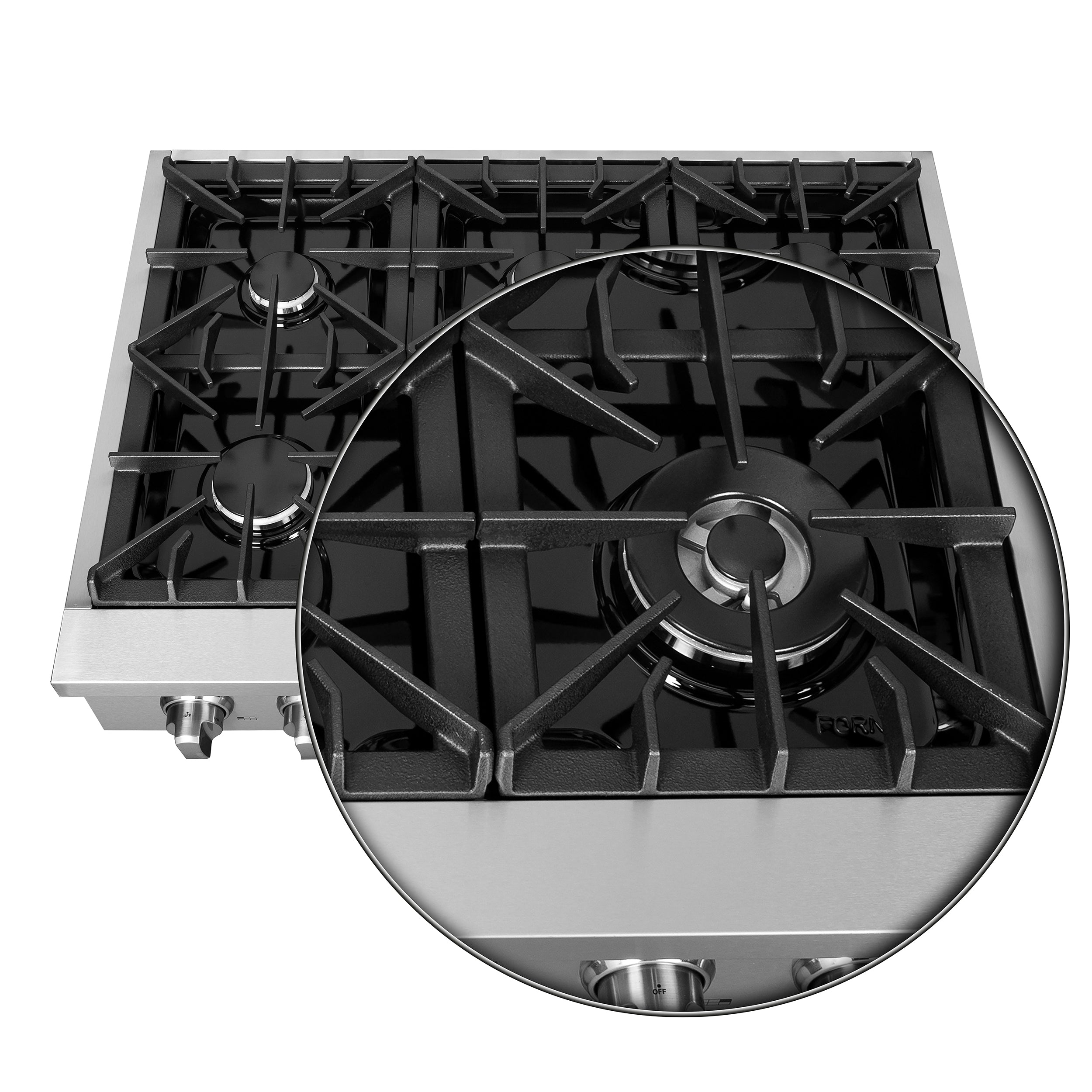 Stainless steel griddle/grate area with burners above and a circular cutaway view