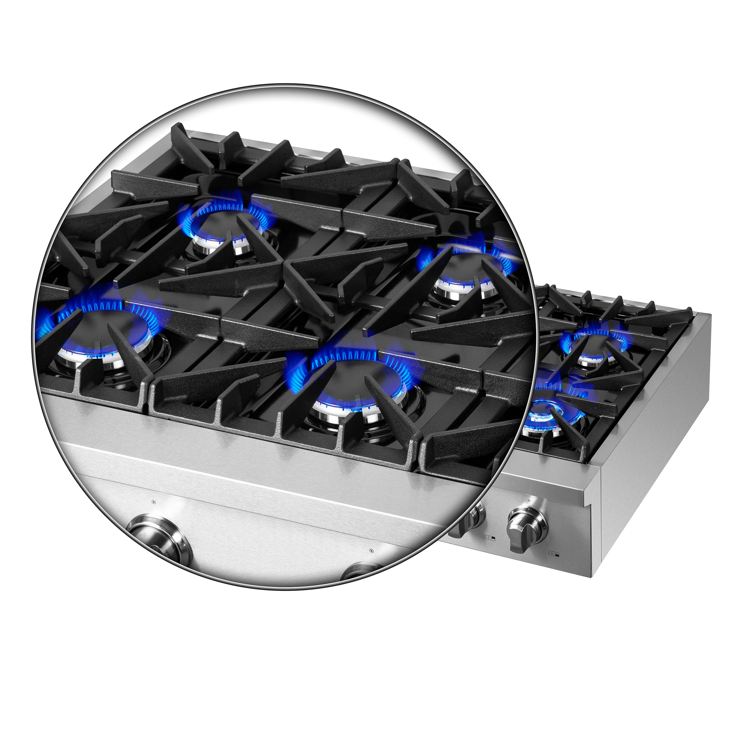 Stainless steel 6-burner rangetop with blue flames highlighted in a magnified view