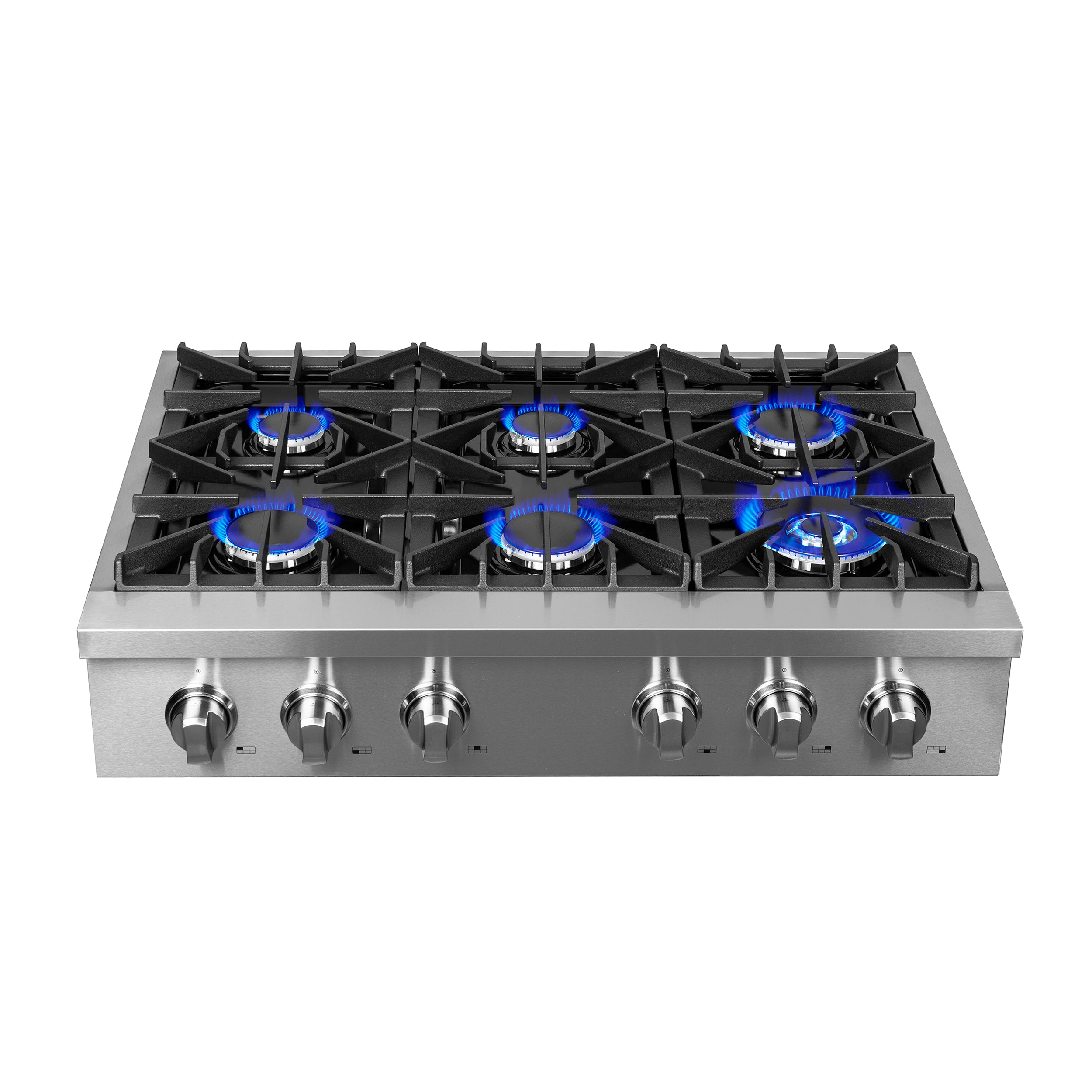 Stainless steel 6-burner gas rangetop with blue-lit burners and black grates