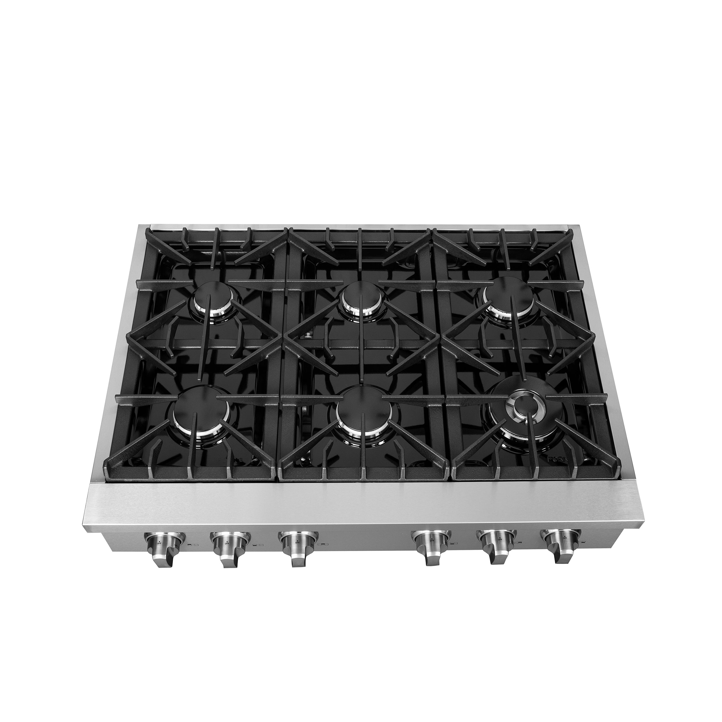 Stainless steel gas rangetop with black burner grates and front burner control knobs