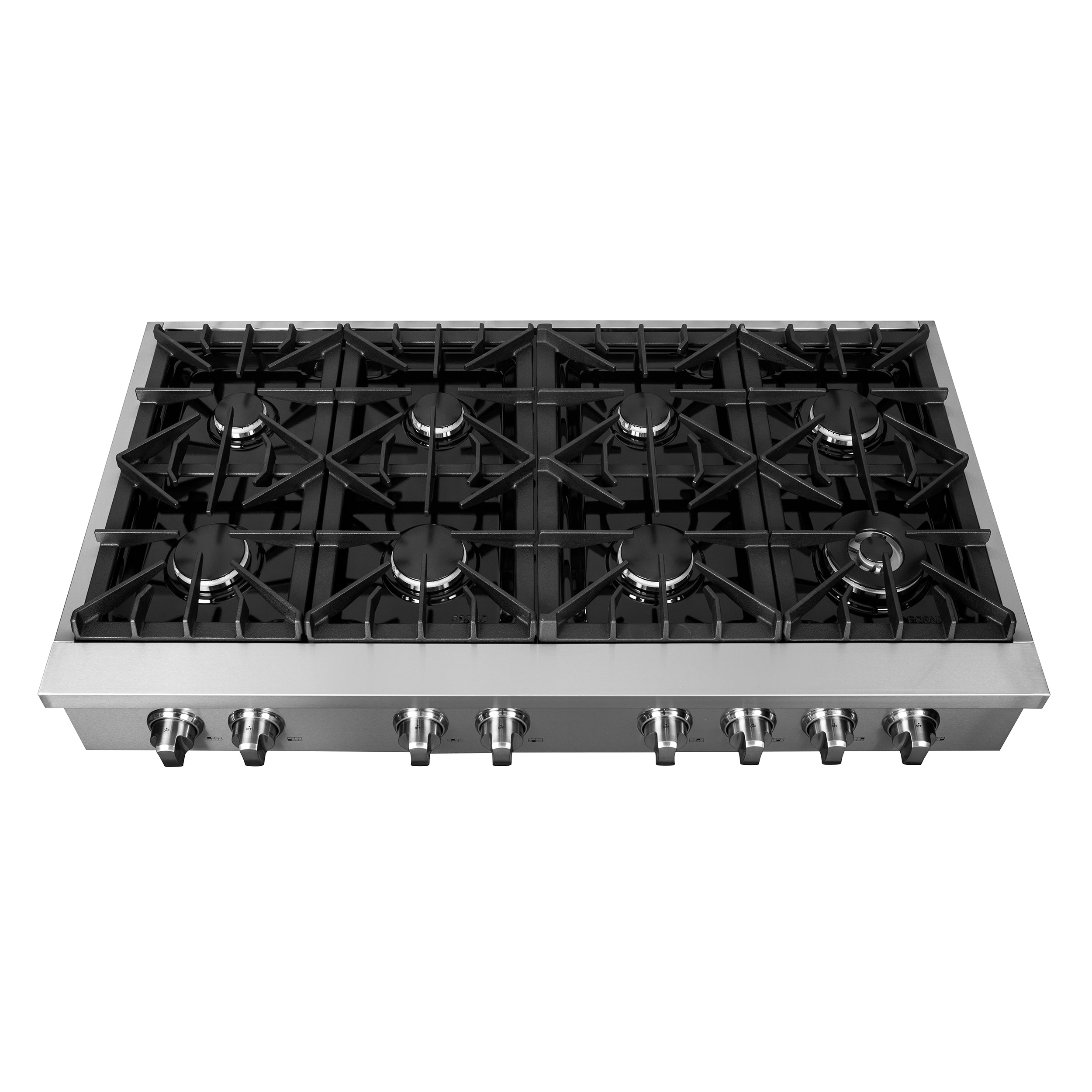 Stainless steel gas rangetop with 8 black burners and cast-iron style grates