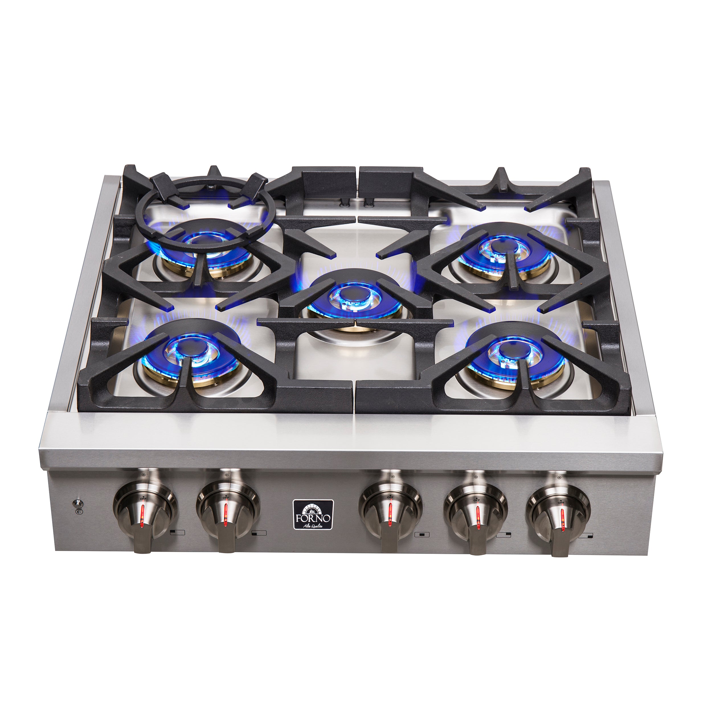 Stainless steel 5-burner gas rangetop showing lit blue flames on all burners