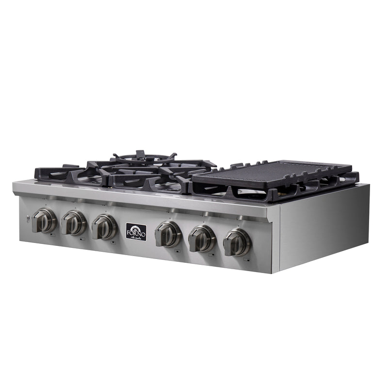 Forno Spezia 36-Inch Gas Rangetop, 6 Burners. Wok Ring and Grill/Griddle in Stainless Steel (FCTGS5751-36)