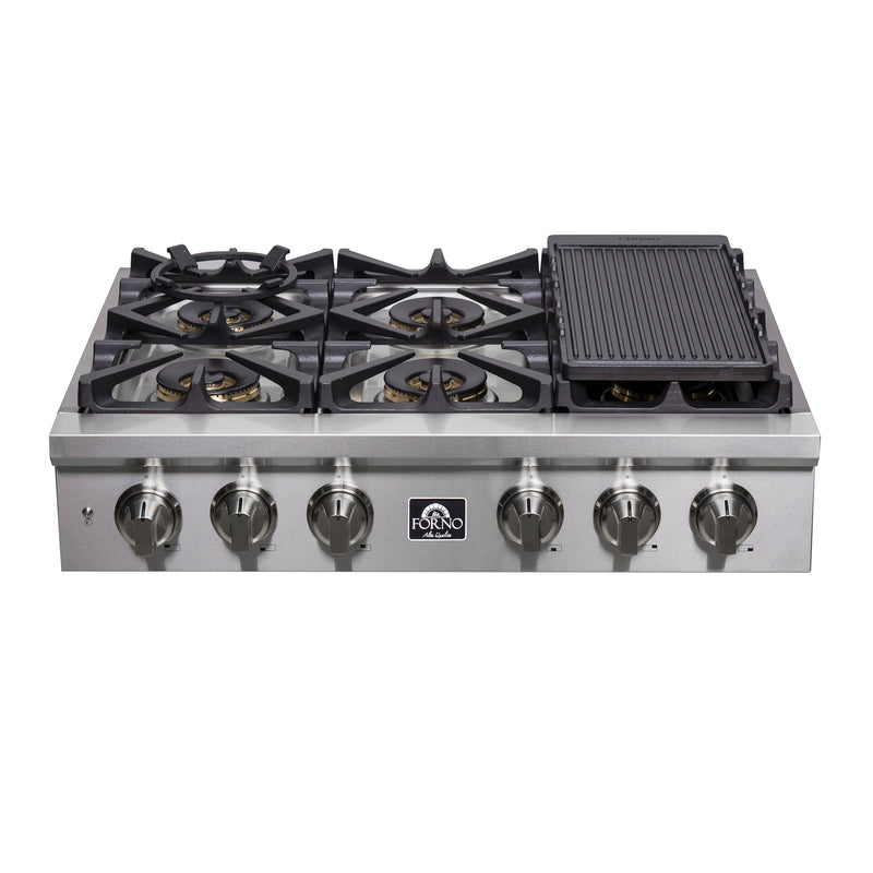 Forno Spezia 36-Inch Gas Rangetop, 6 Burners. Wok Ring and Grill/Griddle in Stainless Steel (FCTGS5751-36)