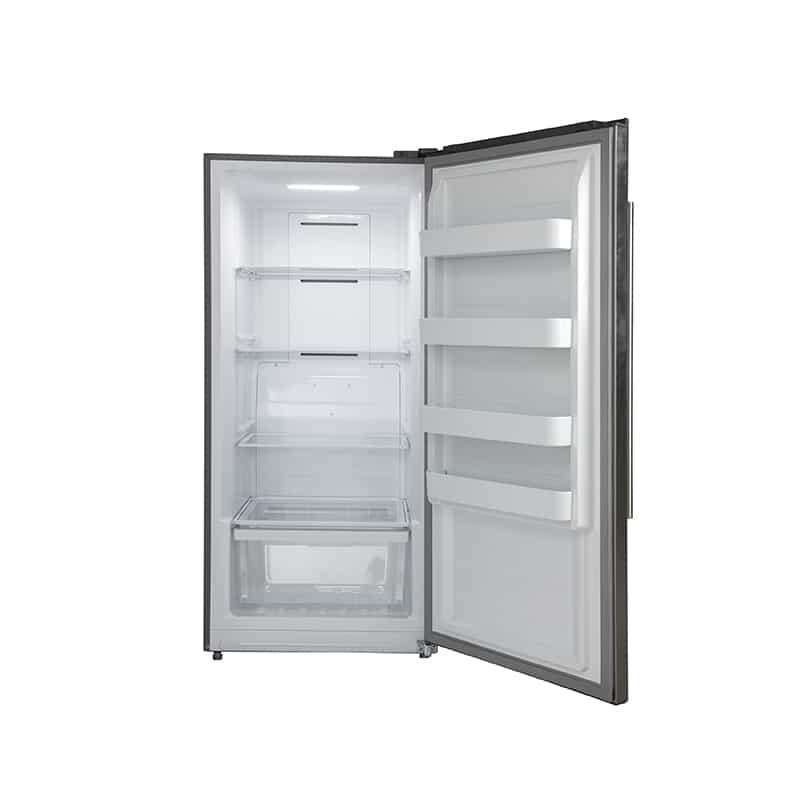 Stainless steel upright refrigerator with open door, interior shelves and drawers