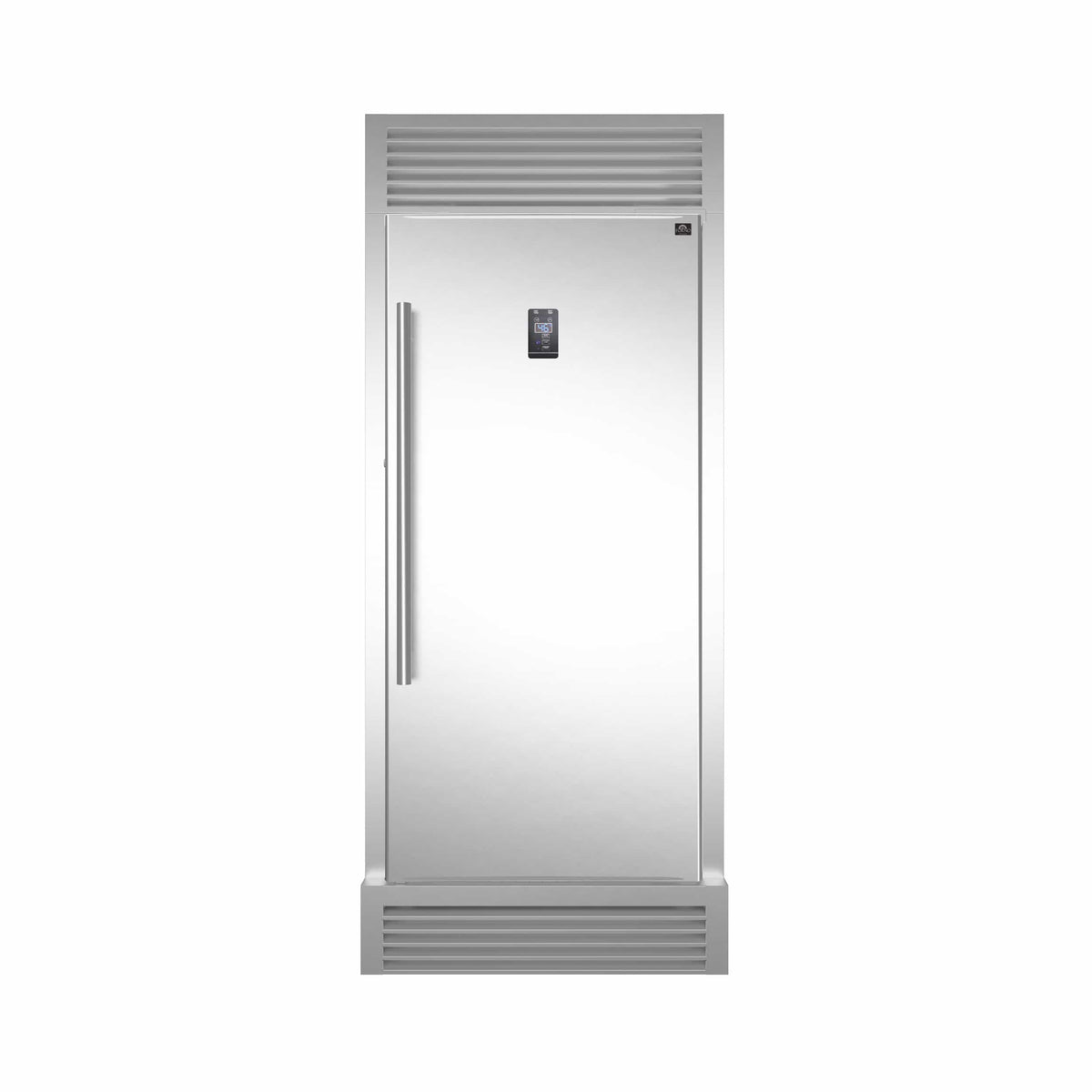 Stainless steel upright convertible refrigerator with decorative grille, closed door