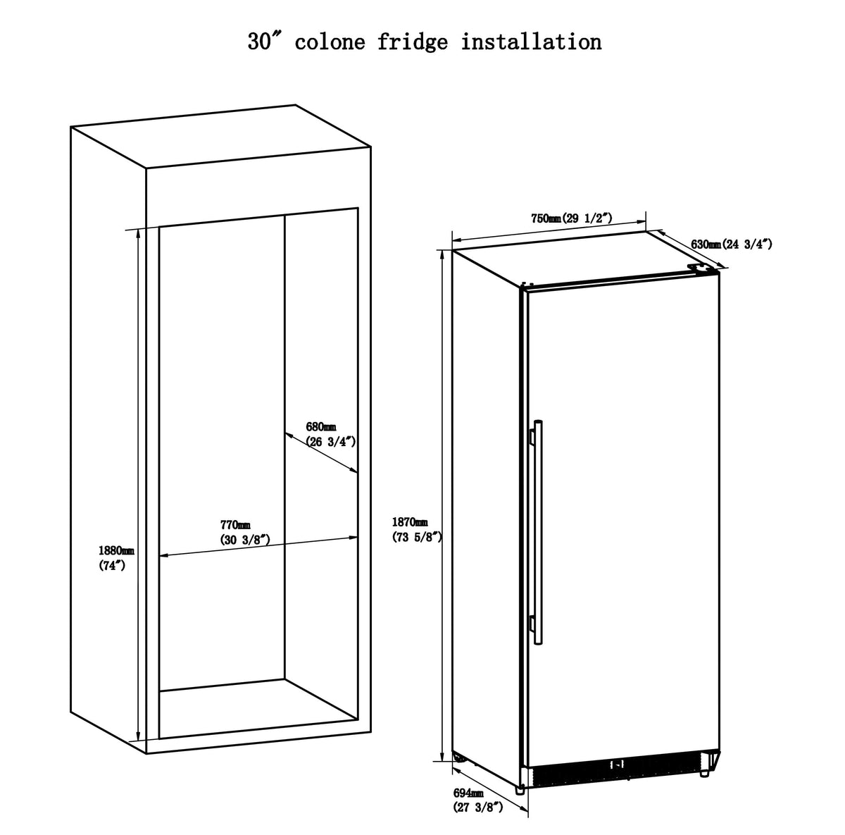 30-inch freestanding refrigerator installation dimensions diagram