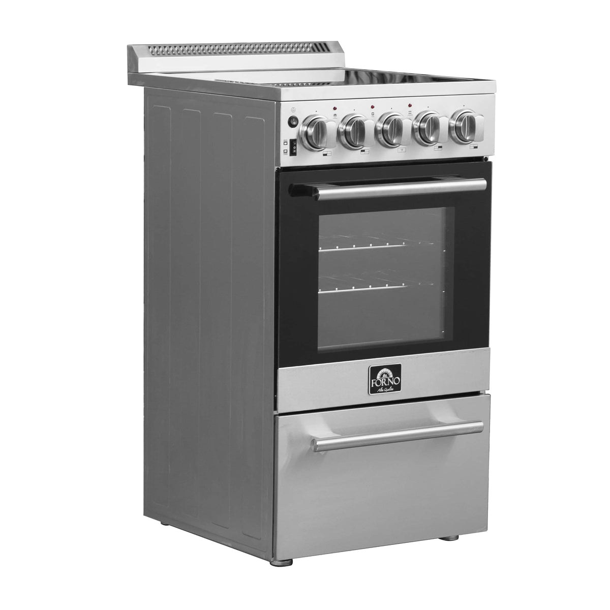 Stainless steel electric range with closed oven door and control knobs