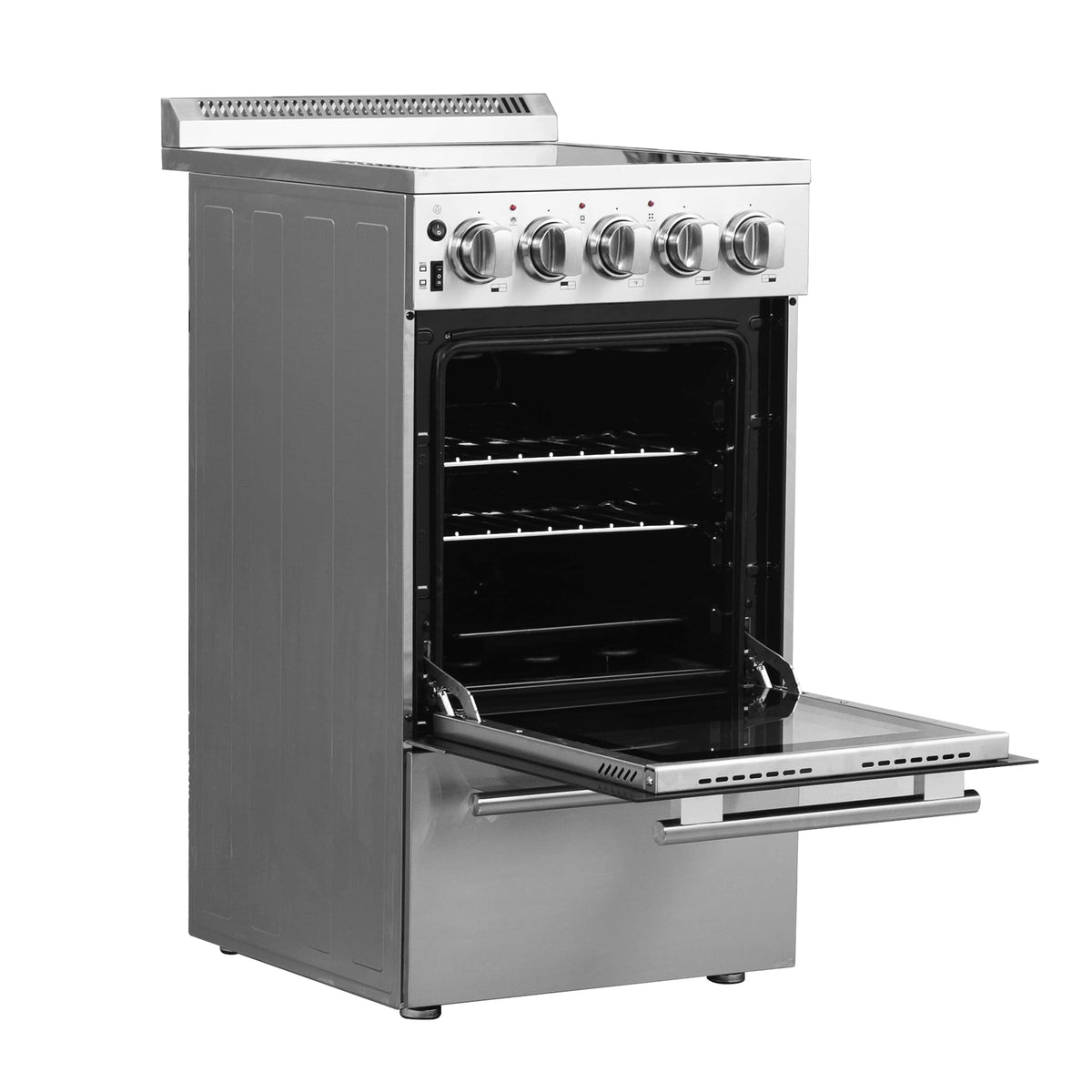 Stainless steel electric range with open oven door and top warming area