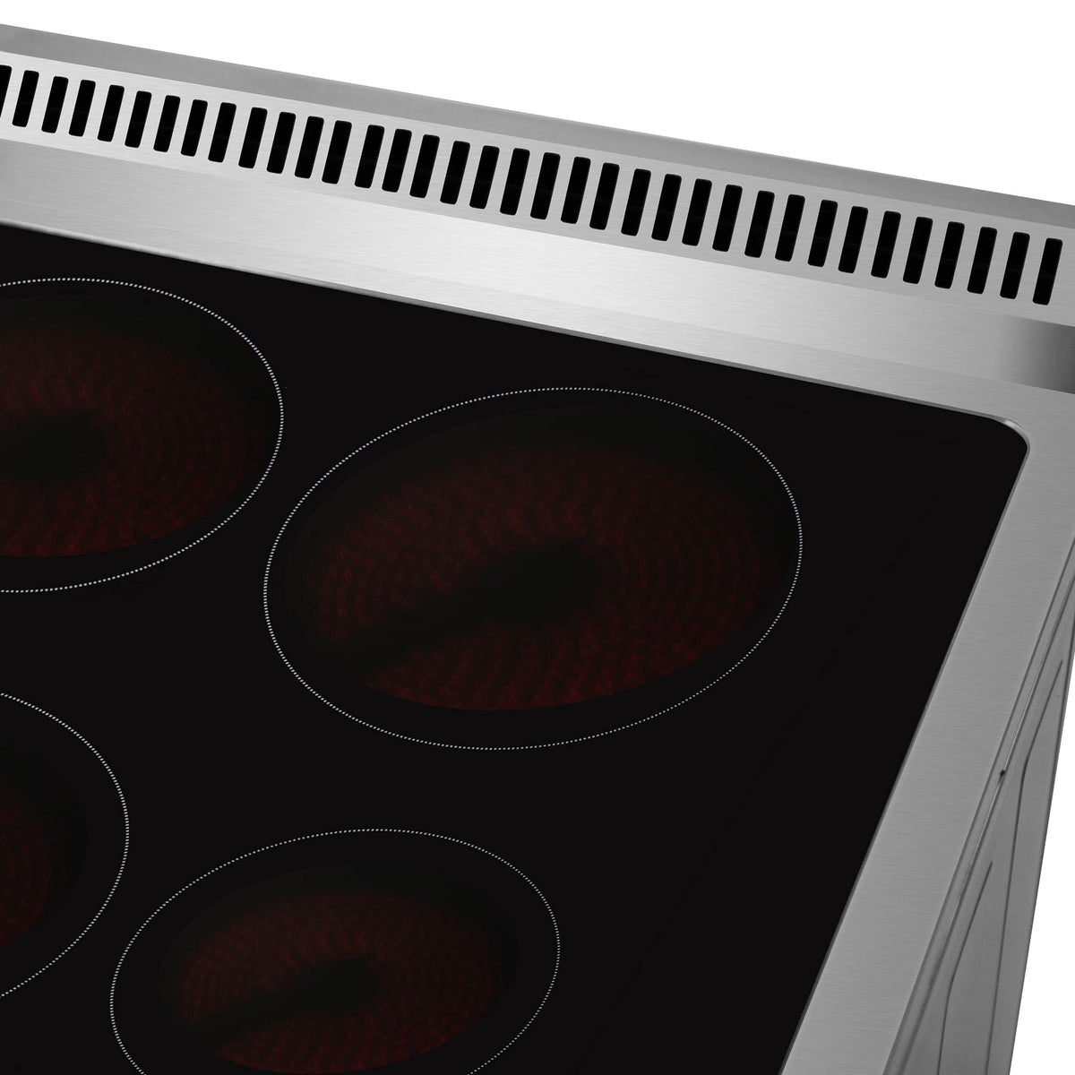 Black glass cooktop with four circular electric burner zones in a stainless frame