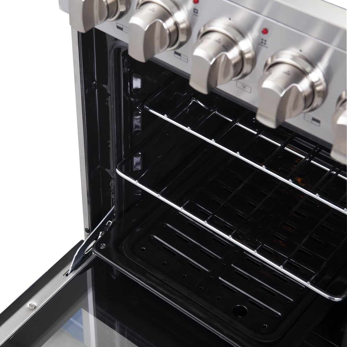 Open oven with wire racks and black interior cavity on stainless electric range