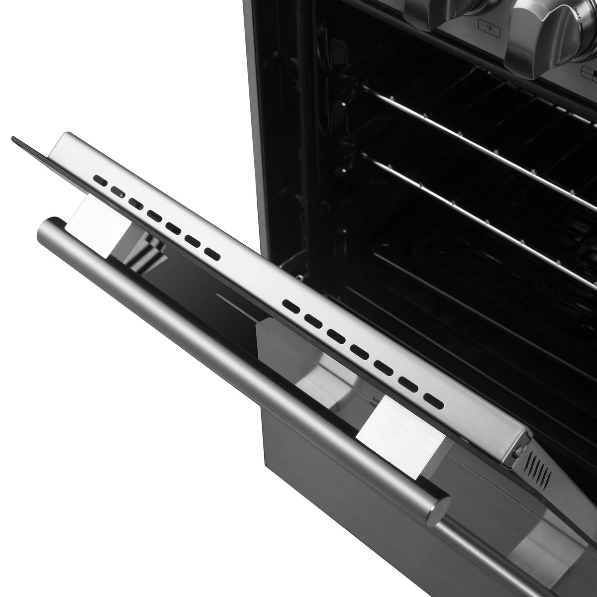 Oven door storage drawer area and cooktop vent strip on stainless electric range