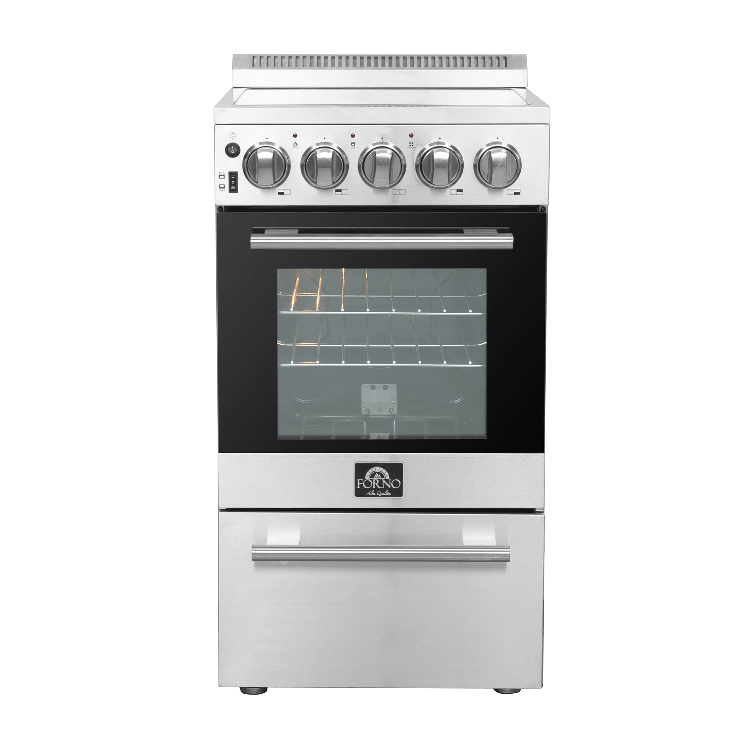 Stainless electric range with control knobs, glass window oven door and storage base