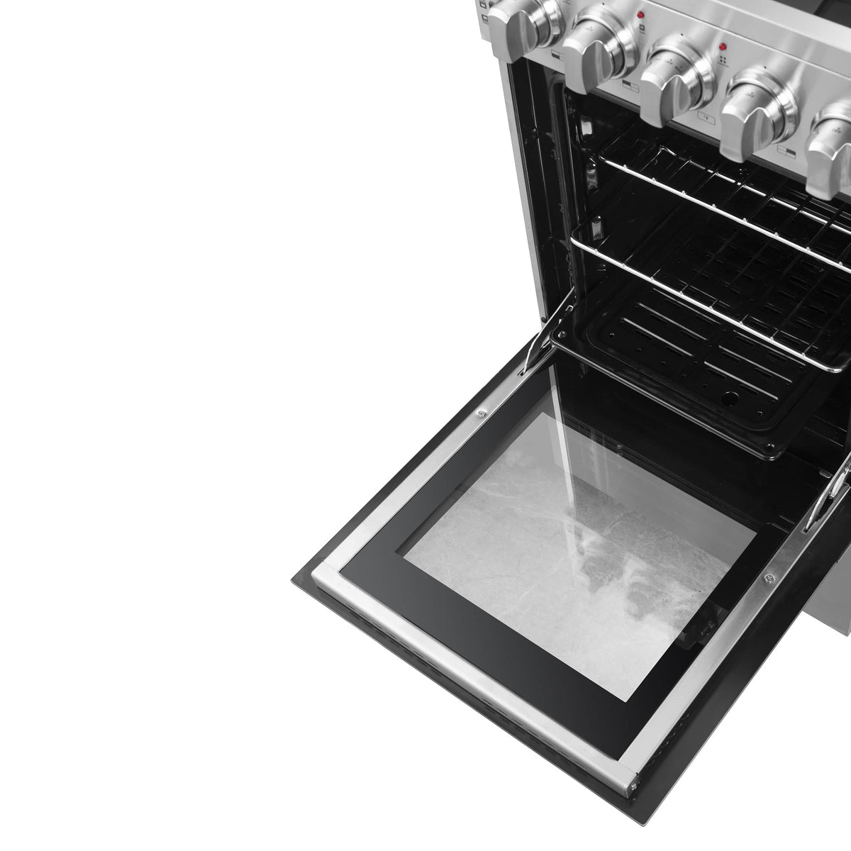 Stainless electric range with open oven door and black interior oven cavity