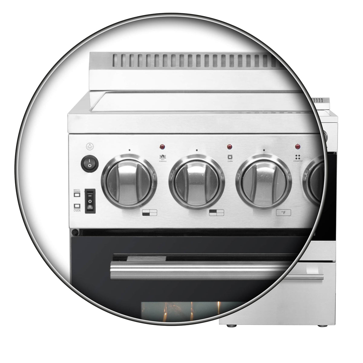 Stainless electric range control panel with large knobs and oven door window