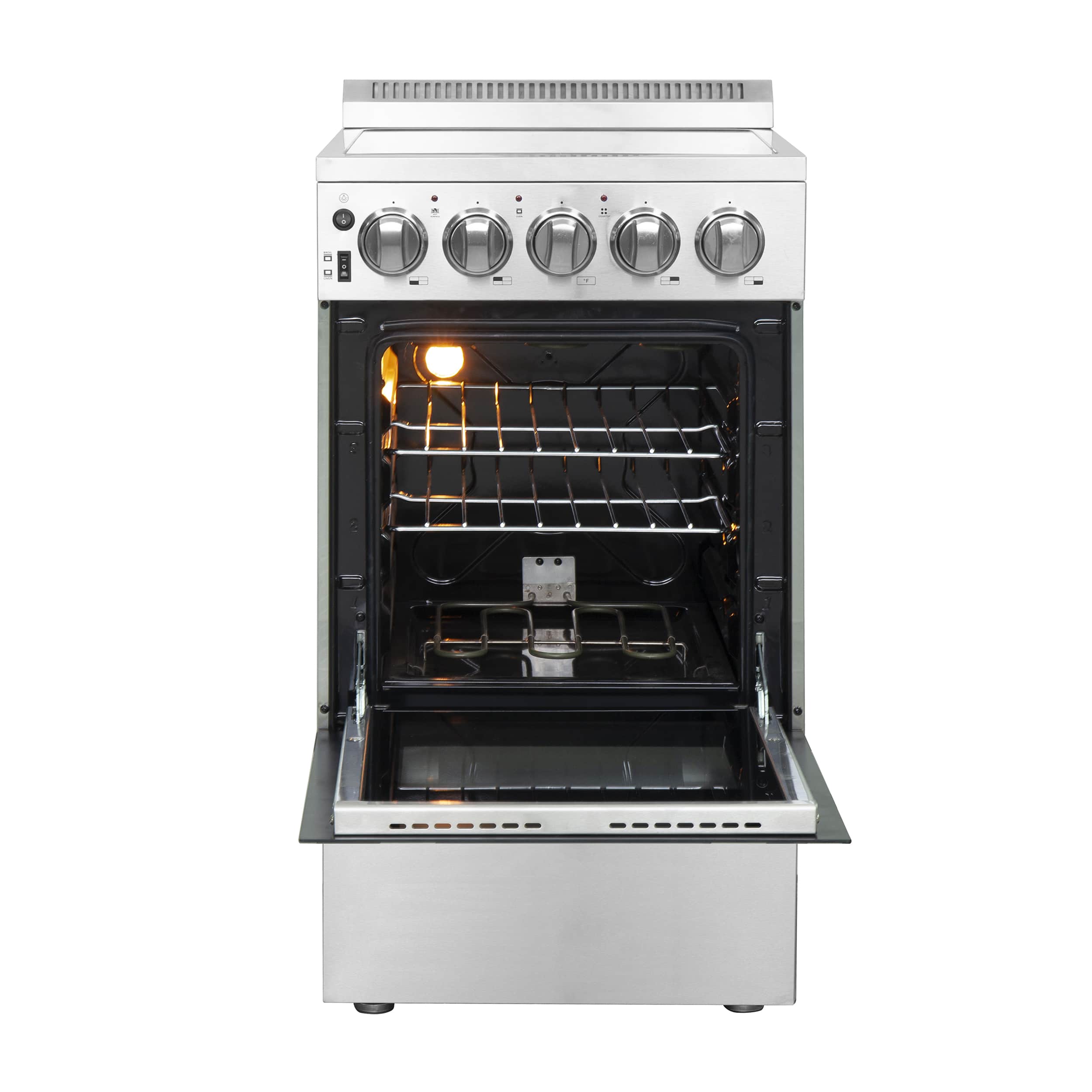 Stainless electric range oven door open showing racks and glowing bake elements