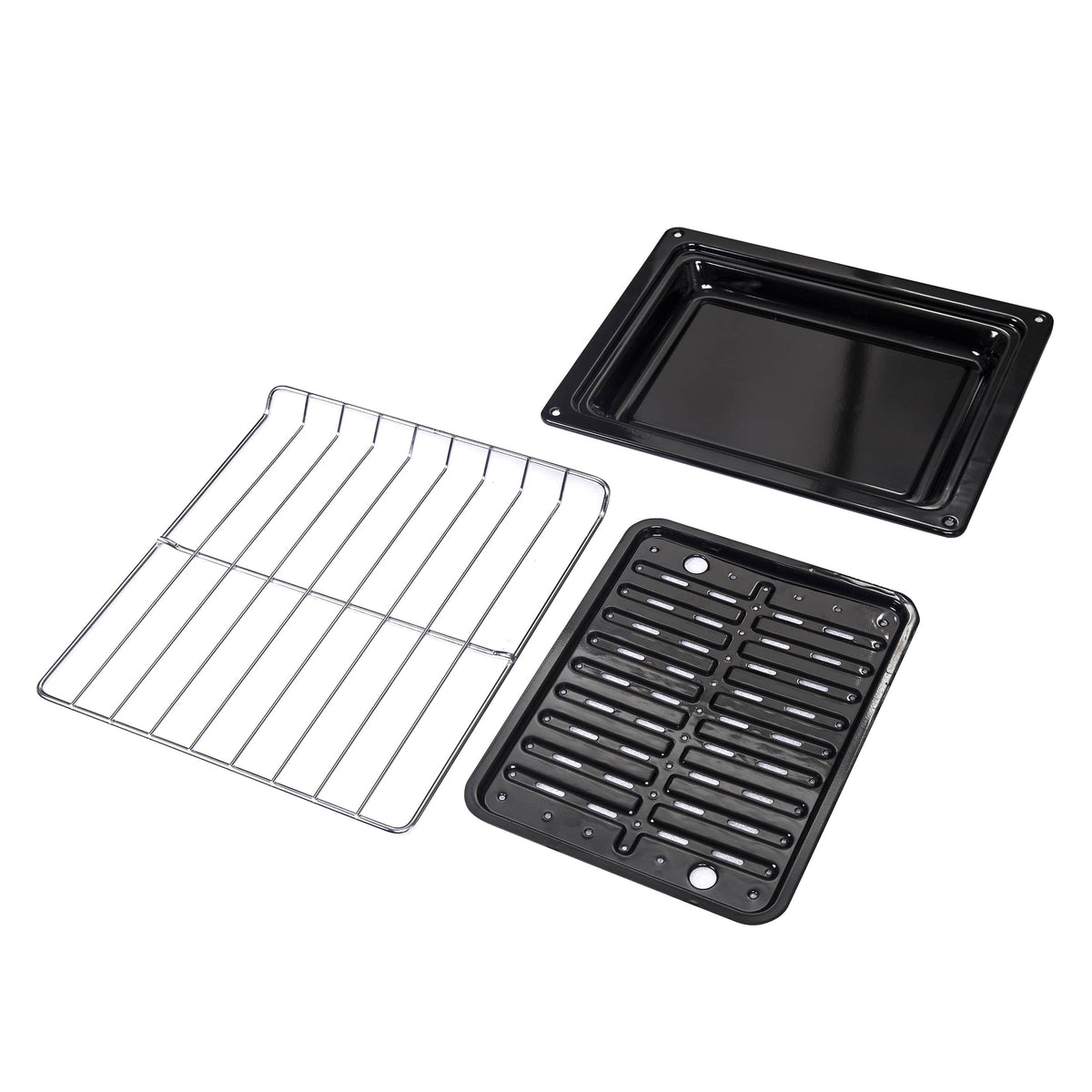 Stainless electric range oven accessories: wire rack, black tray, and baking insert