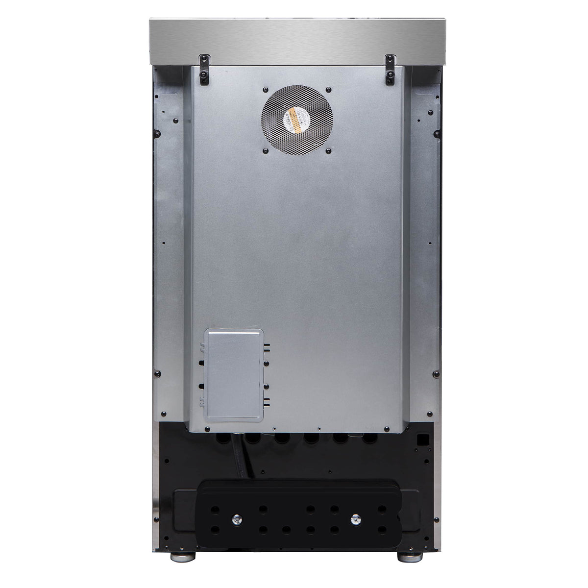 Stainless steel electric range rear panel with ventilation fan opening