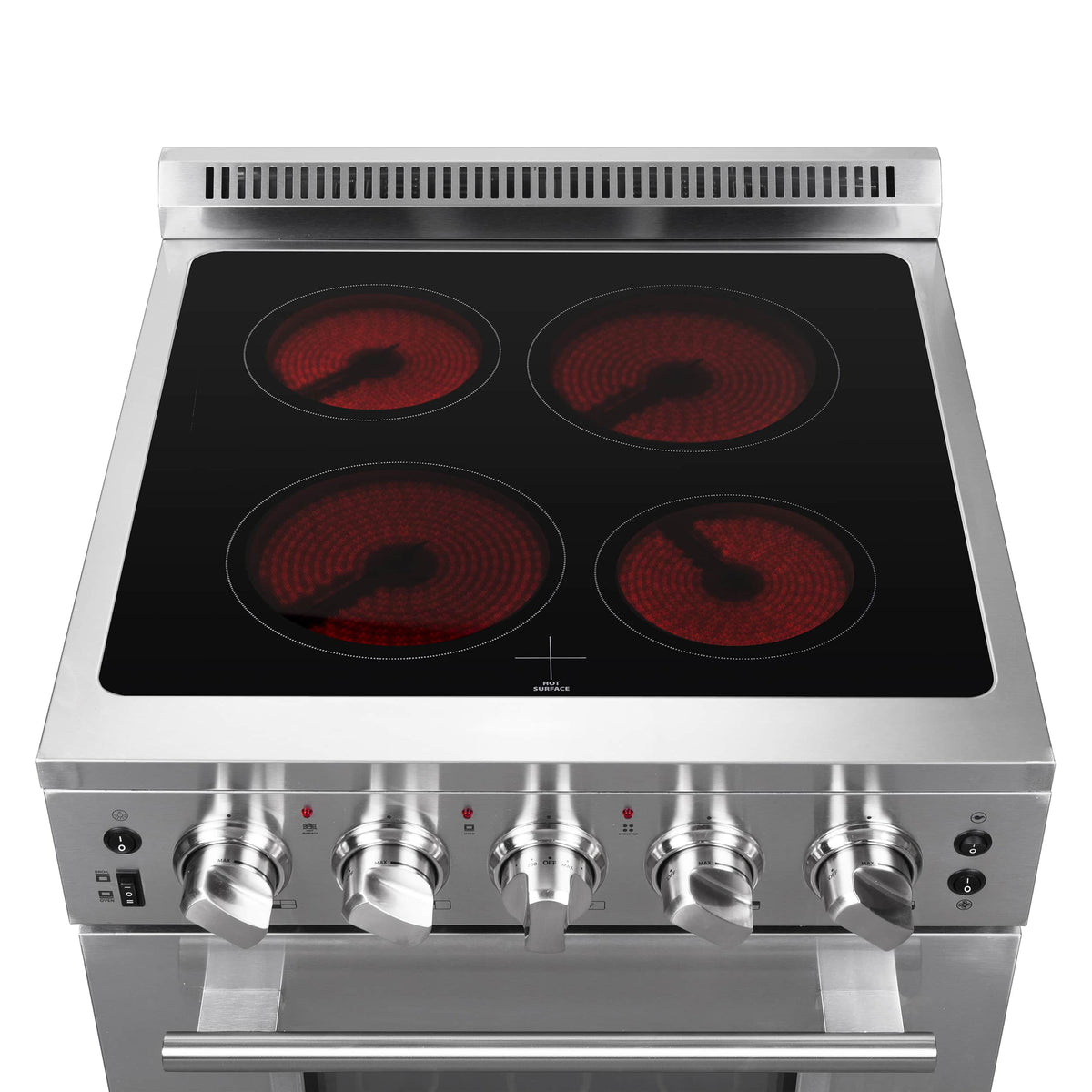 Stainless electric range cooktop with four red ceramic coil burners