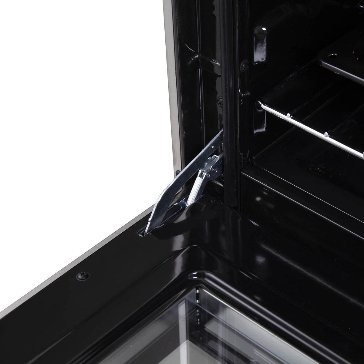Open oven door with inner door panel and oven cavity interior