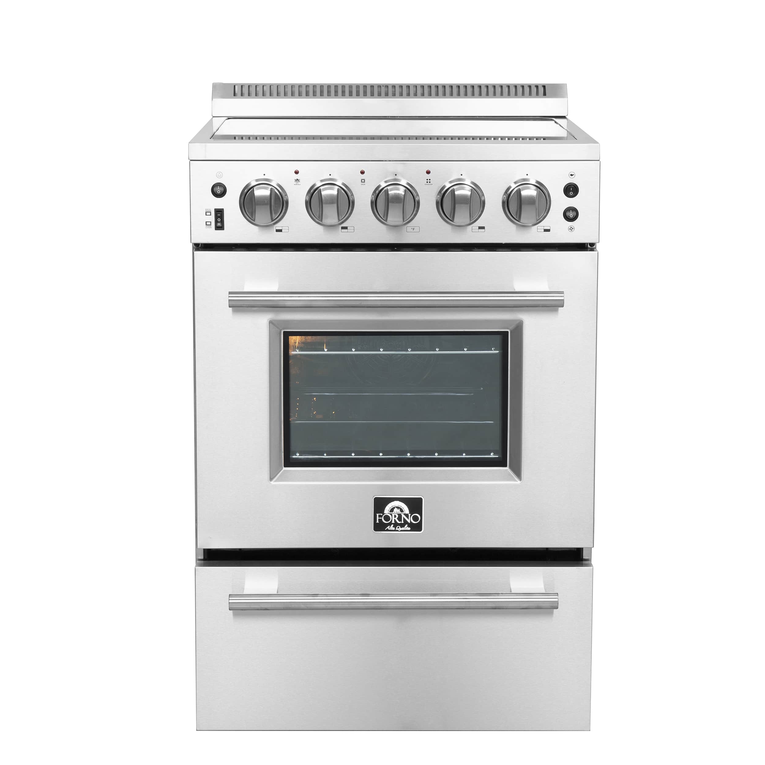 Stainless electric range front with five control knobs and oven window with interior heating glow