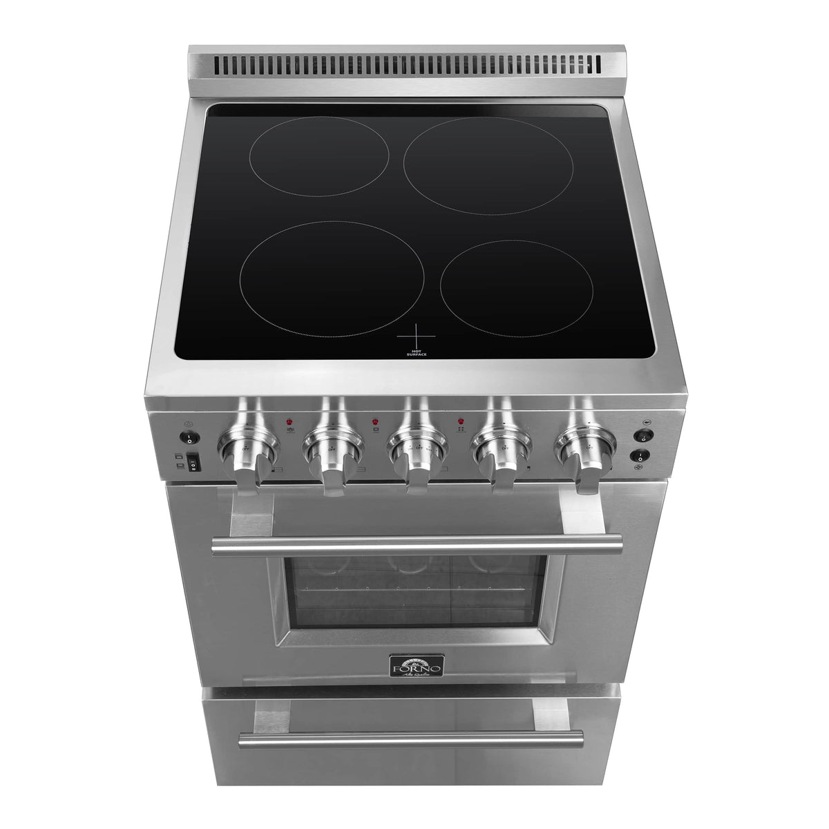 Stainless electric range cooktop with four black glass ceramic burners and control panel knobs