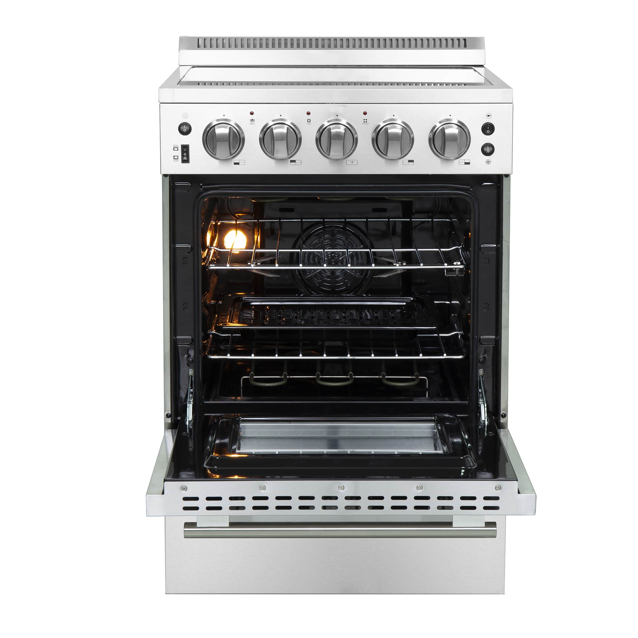Stainless 24-inch electric range with open oven door, visible racks and oven heating elements