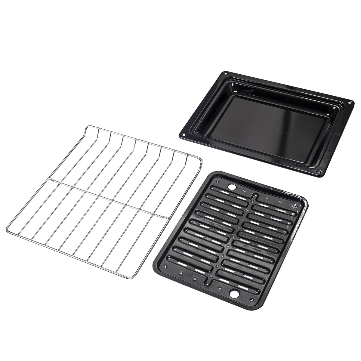 Electric range oven accessories set: black baking tray, metal grill rack, and roasting pan