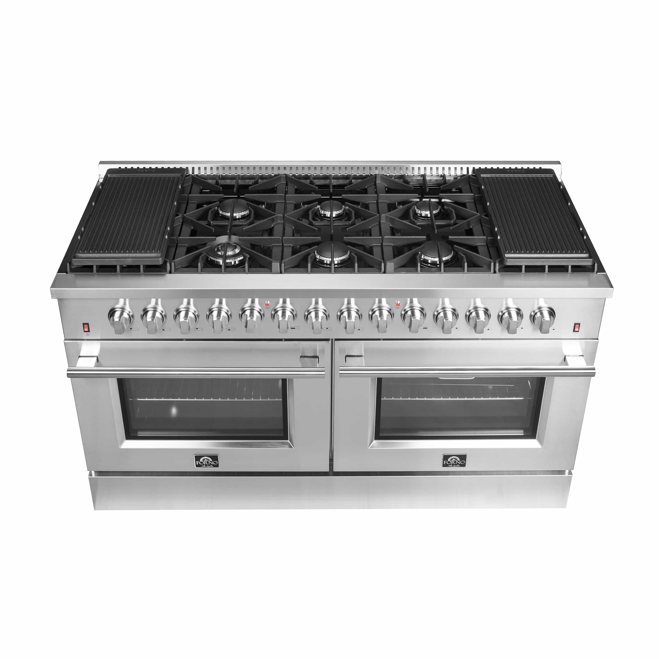 Stainless steel cooktop with multiple burner grates and round control knobs