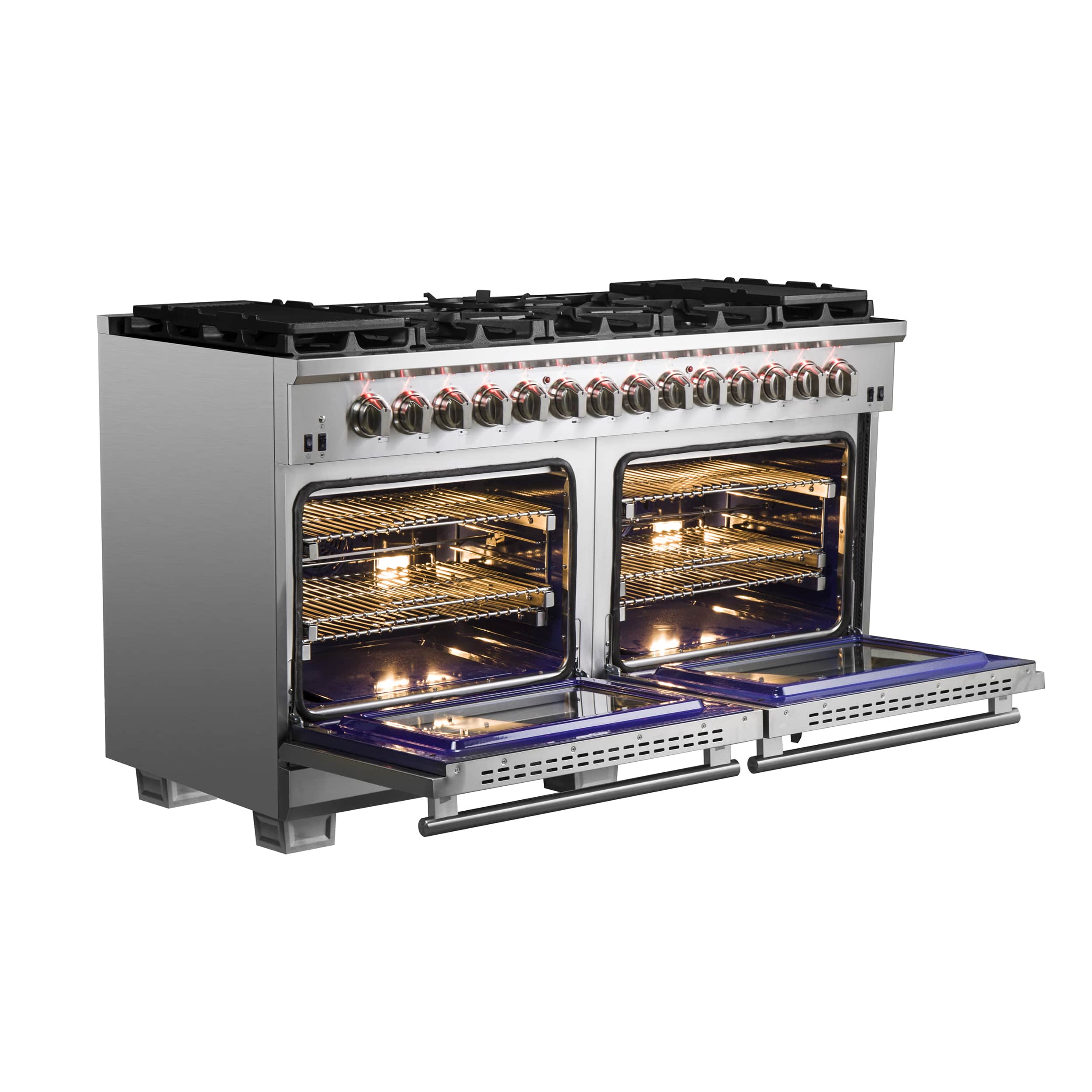 Stainless dual fuel range with open ovens showing lit racks and blue oven bases