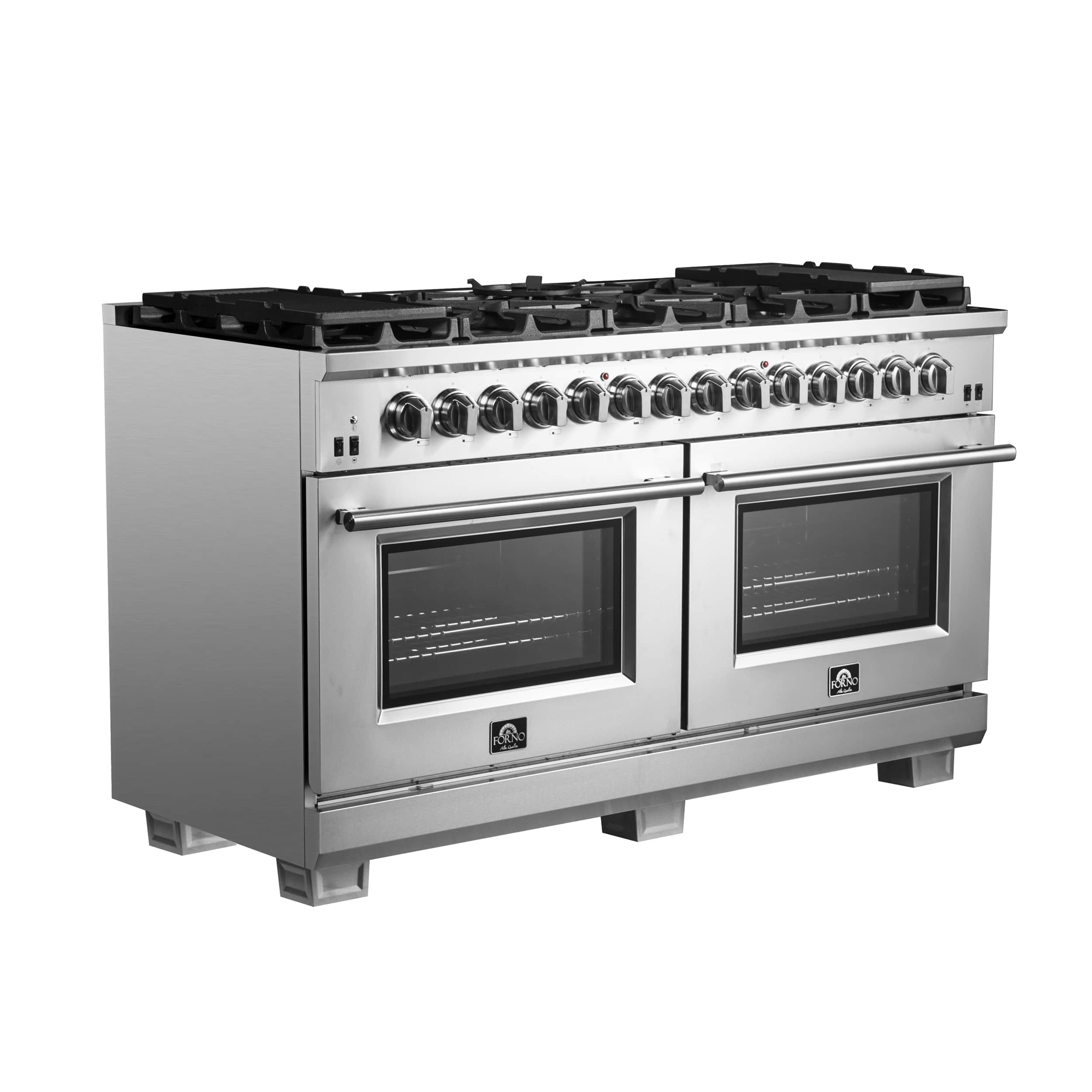Stainless dual fuel range with black cooktop grates and two glass oven doors