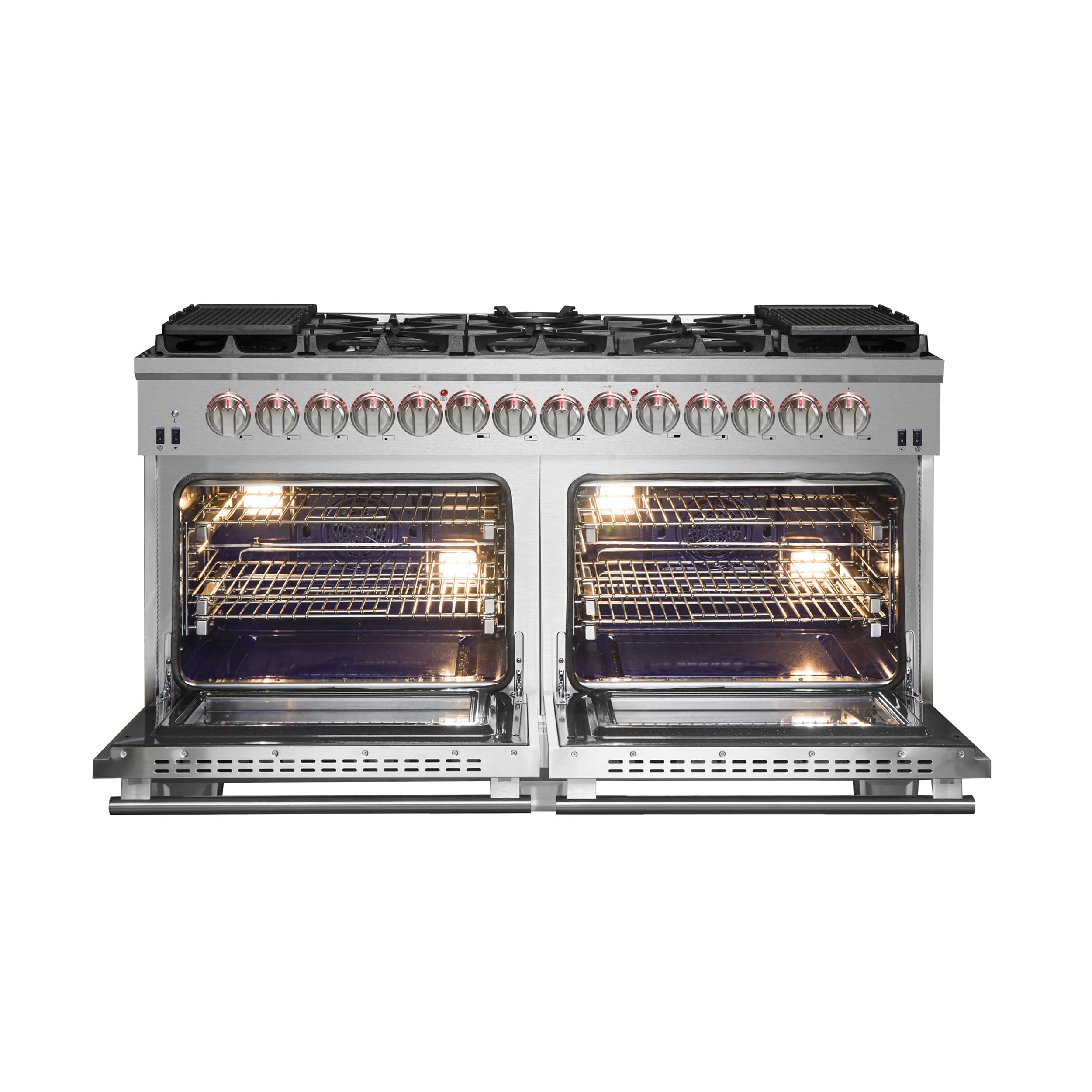 Stainless dual fuel range with two open ovens showing lit racks and black cooktop grates
