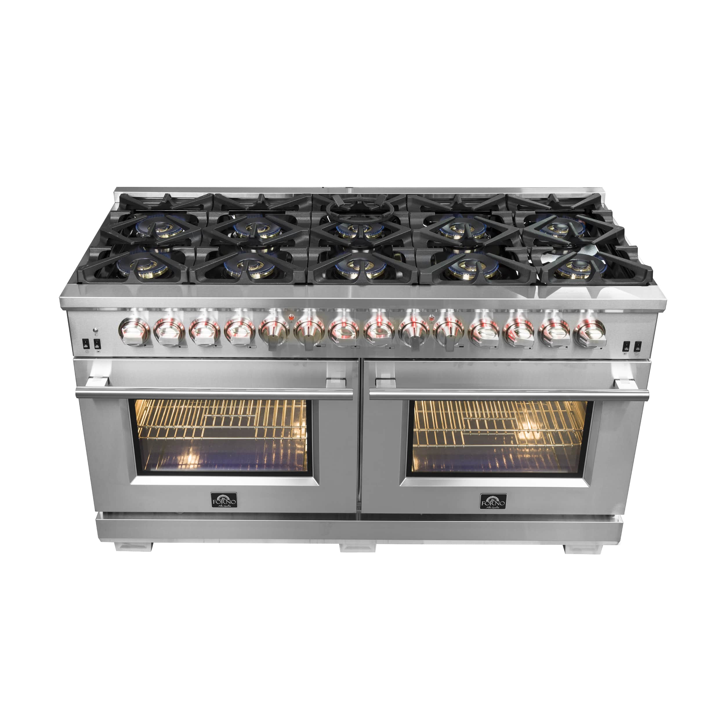 Dual fuel range cooktop with black grates, burner caps, and lit double ovens