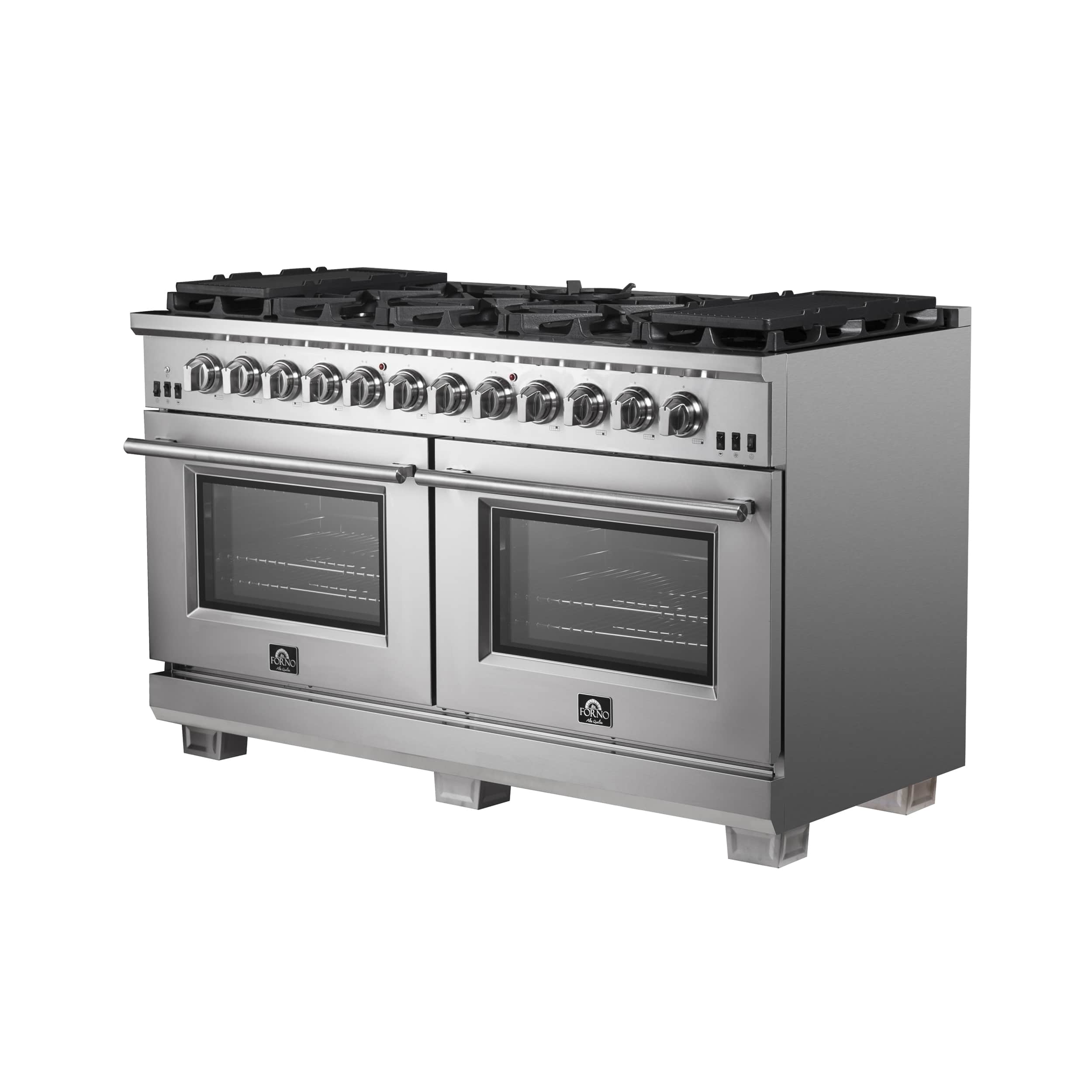 Stainless 60-inch gas range with two oven doors and top control knobs