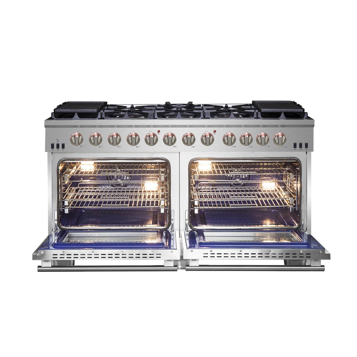 Gas range with two open ovens, illuminated grills and wire rack shelves