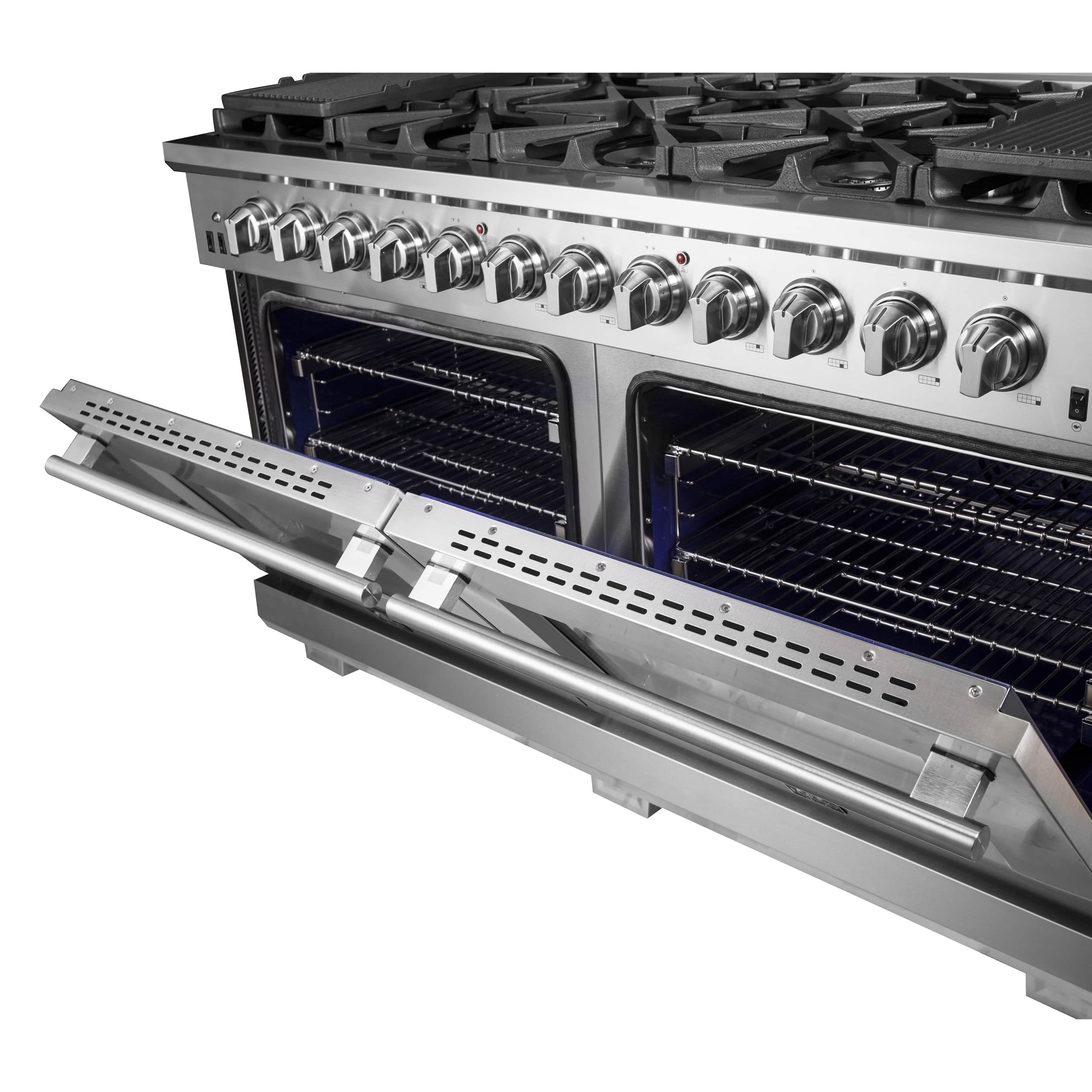 Gas range with open oven compartment and stainless slide-out rack