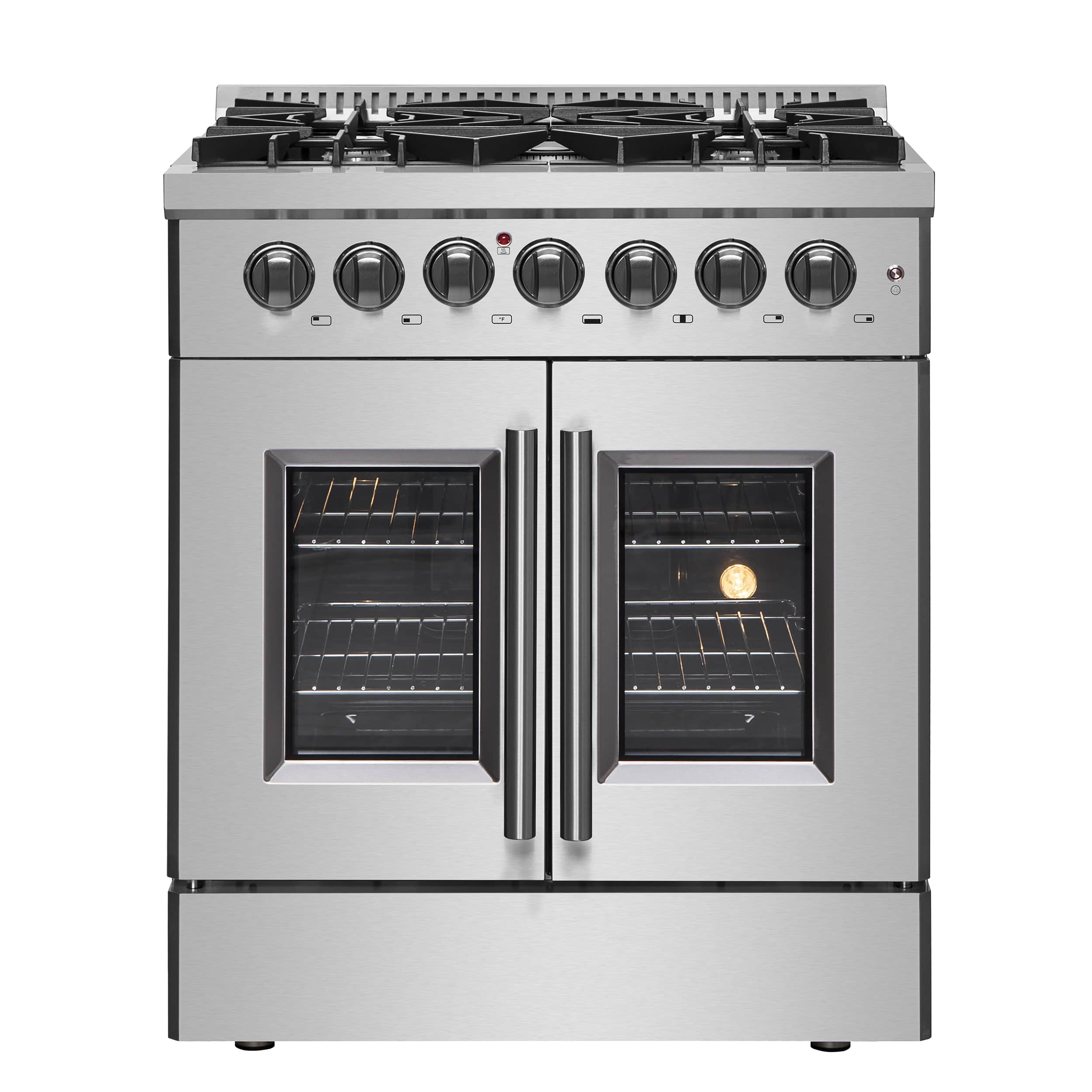 Stainless steel freestanding dual fuel range with two oven doors and front burner knobs
