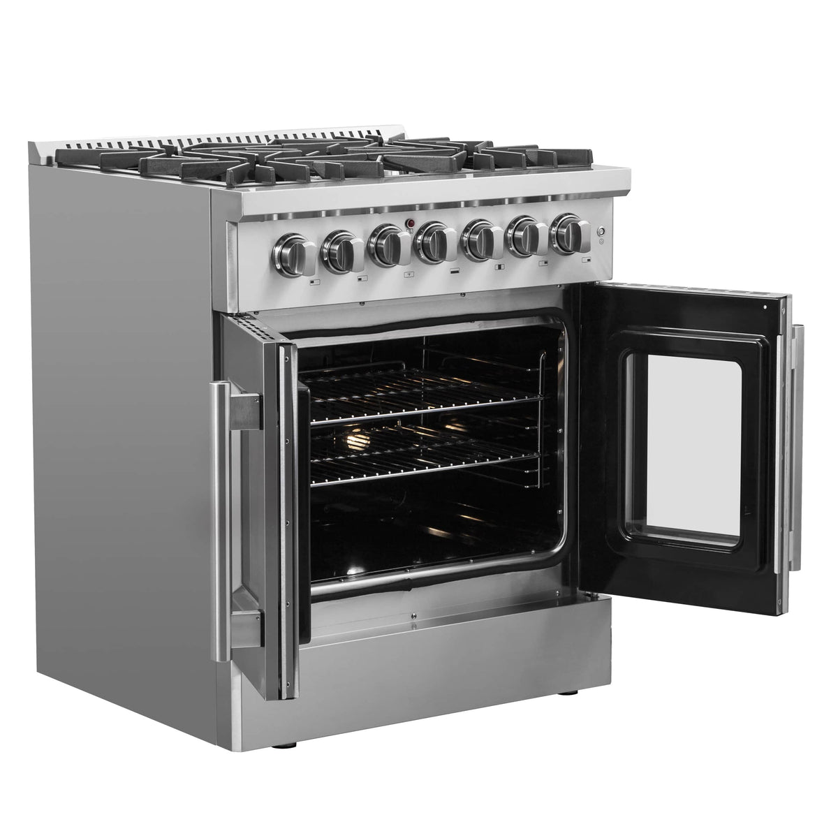 Stainless steel freestanding range with dual French doors open and five burner grates