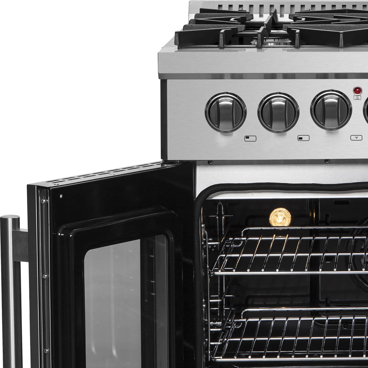 Dual fuel range oven door open with wire racks and stainless control knobs