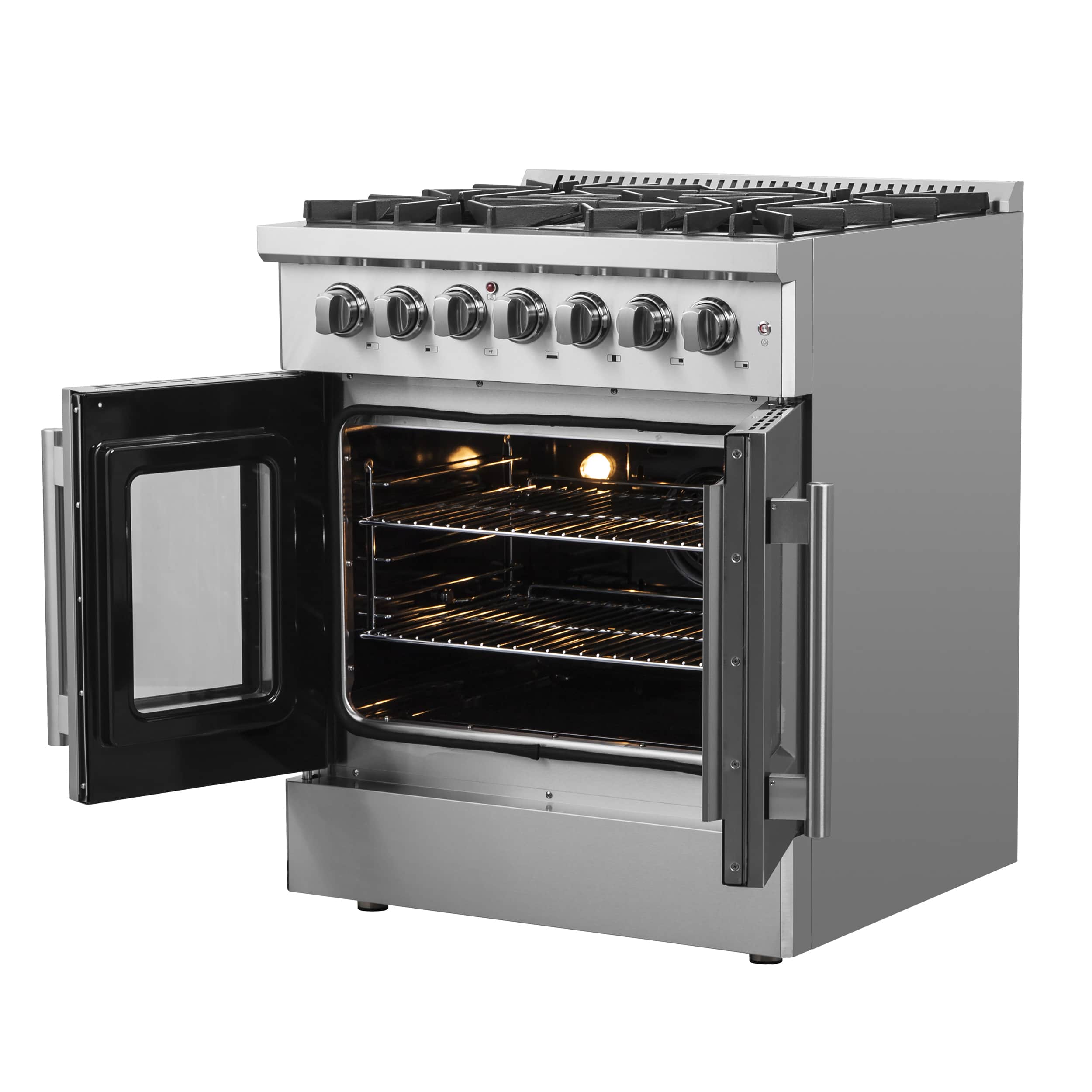 Dual fuel range with oven door open, lit interior and stainless control panel