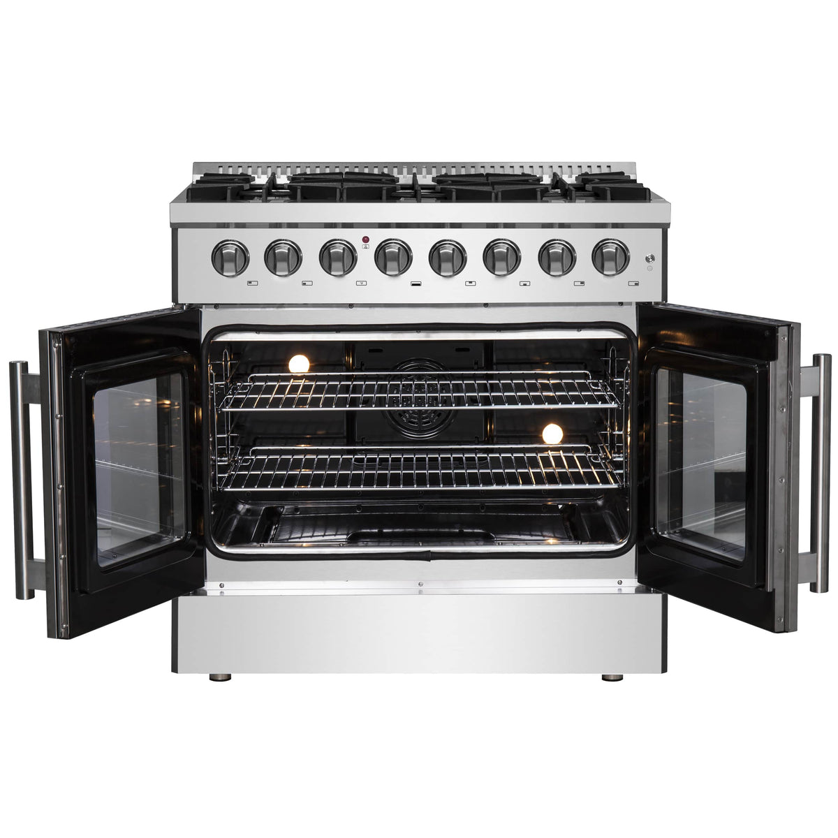 Dual-fuel range with two open oven doors and wire rack inside