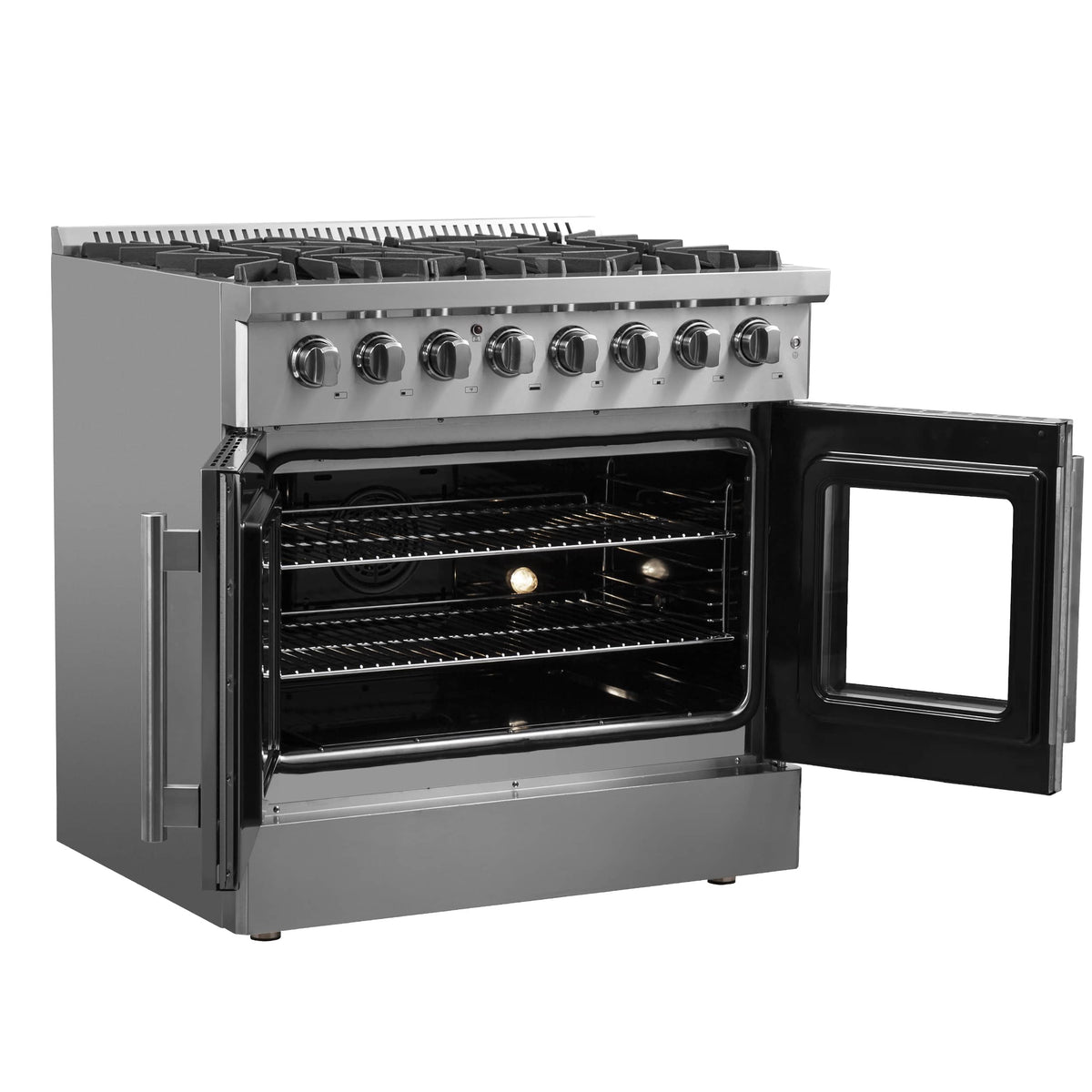 Dual-fuel range oven with open door, black interior, and baking rack