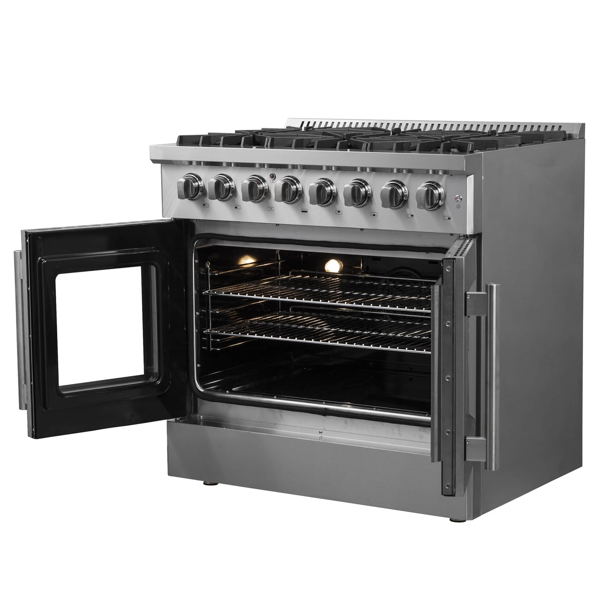 Dual-fuel range with open oven doors and six burner cooktop
