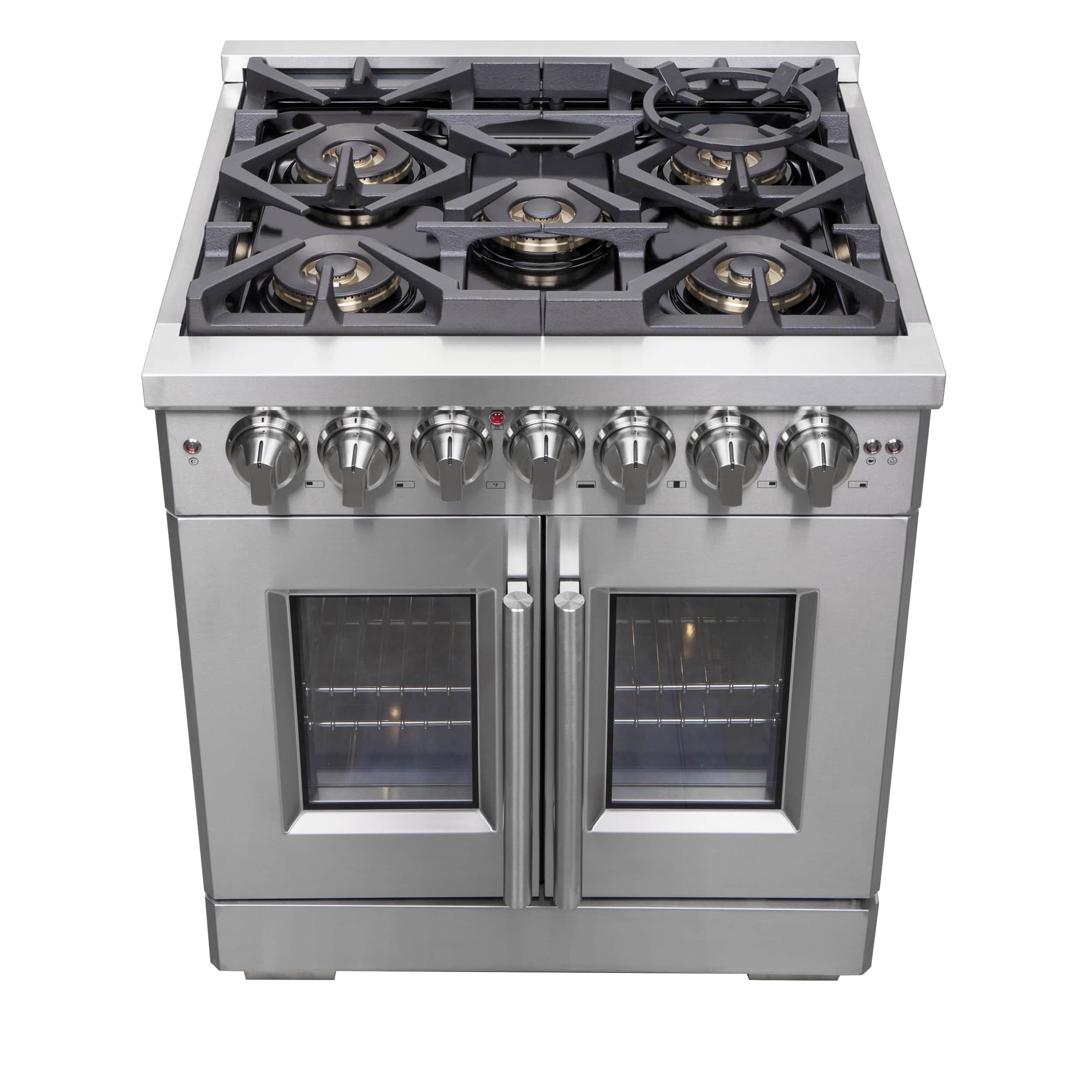 Stainless steel dual fuel range with 5 gas burners and French door electric oven