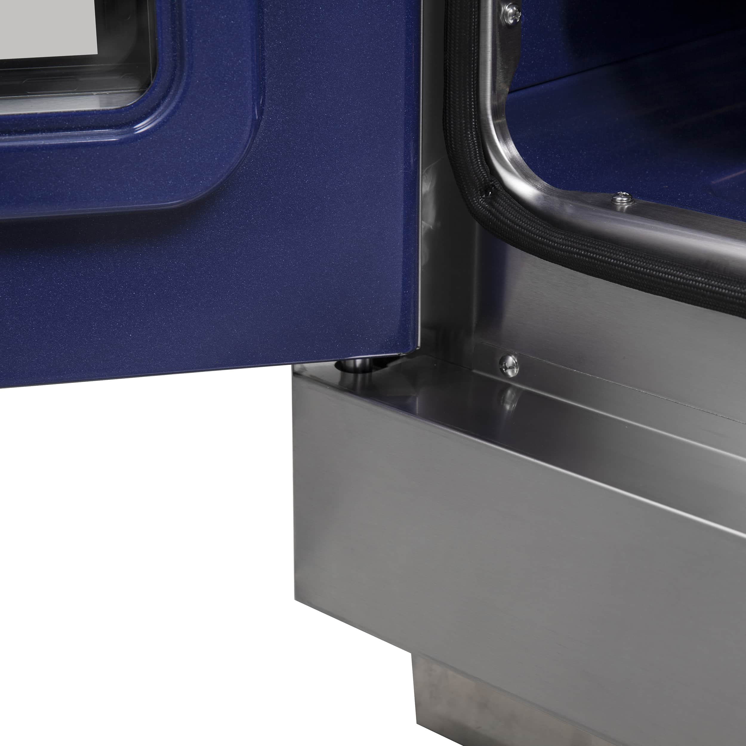 Stainless steel range with blue oven interior panel and curved door edge