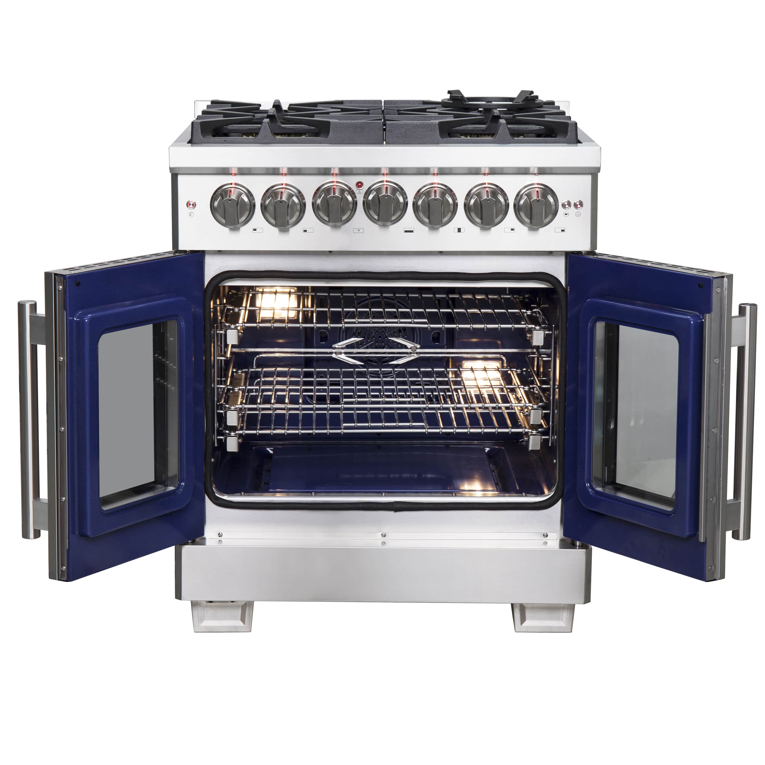 Stainless steel range with French door oven doors and six round control knobs