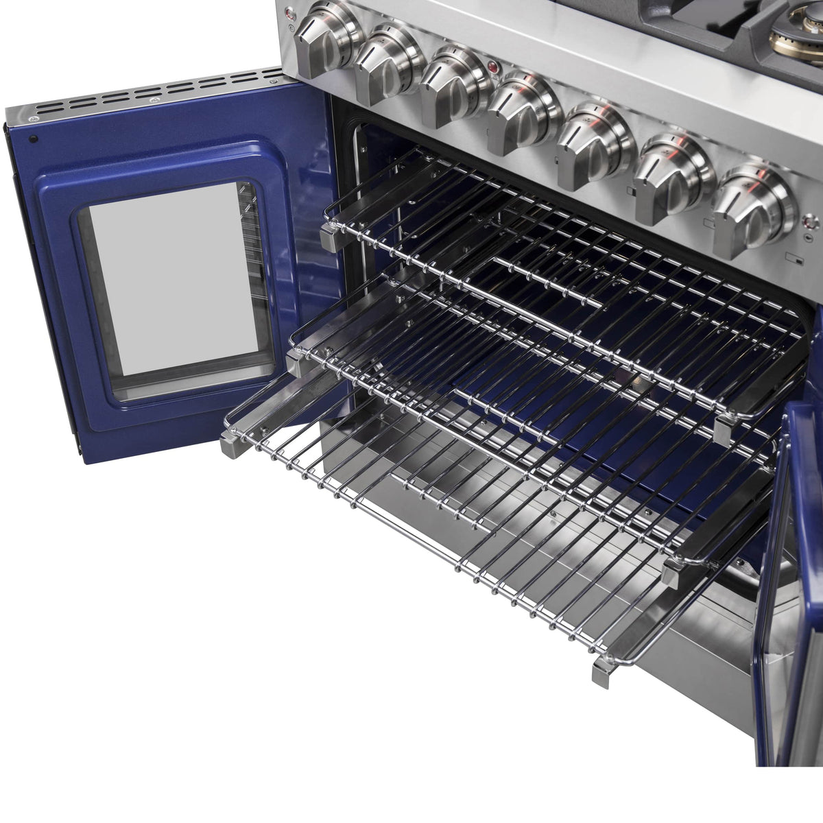 Stainless steel French door oven with open door and wire rack shelves