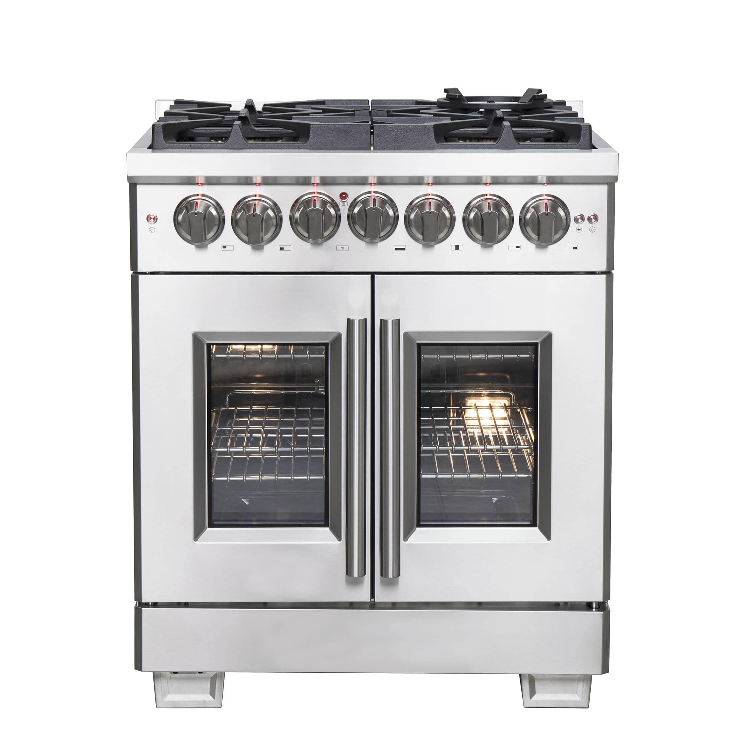 Stainless steel range with French door oven open, metal racks inside